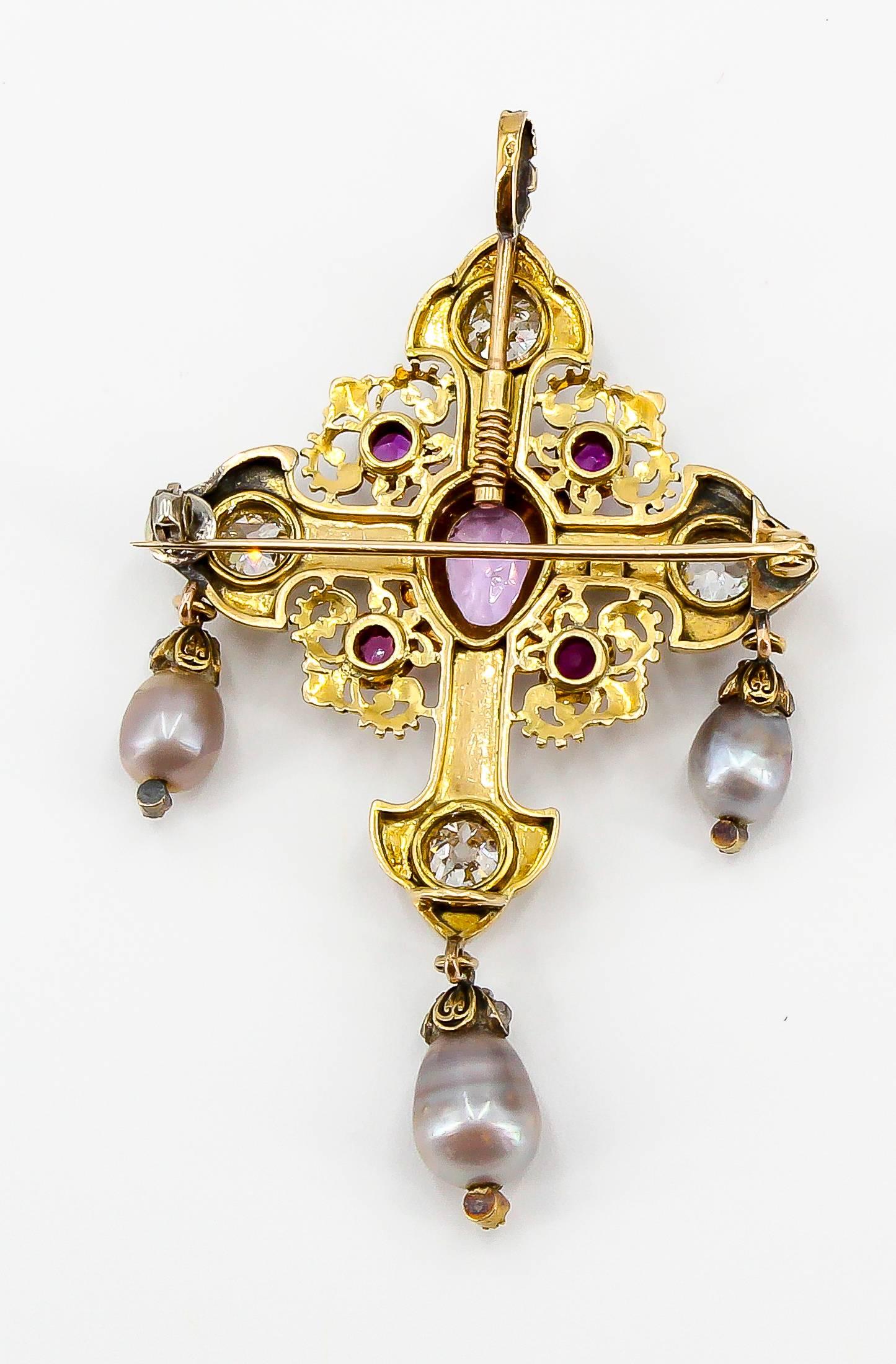 Women's Renaissance Revival Pink Sapphire, Diamond, Natural Pearl and Gold Cross Brooch