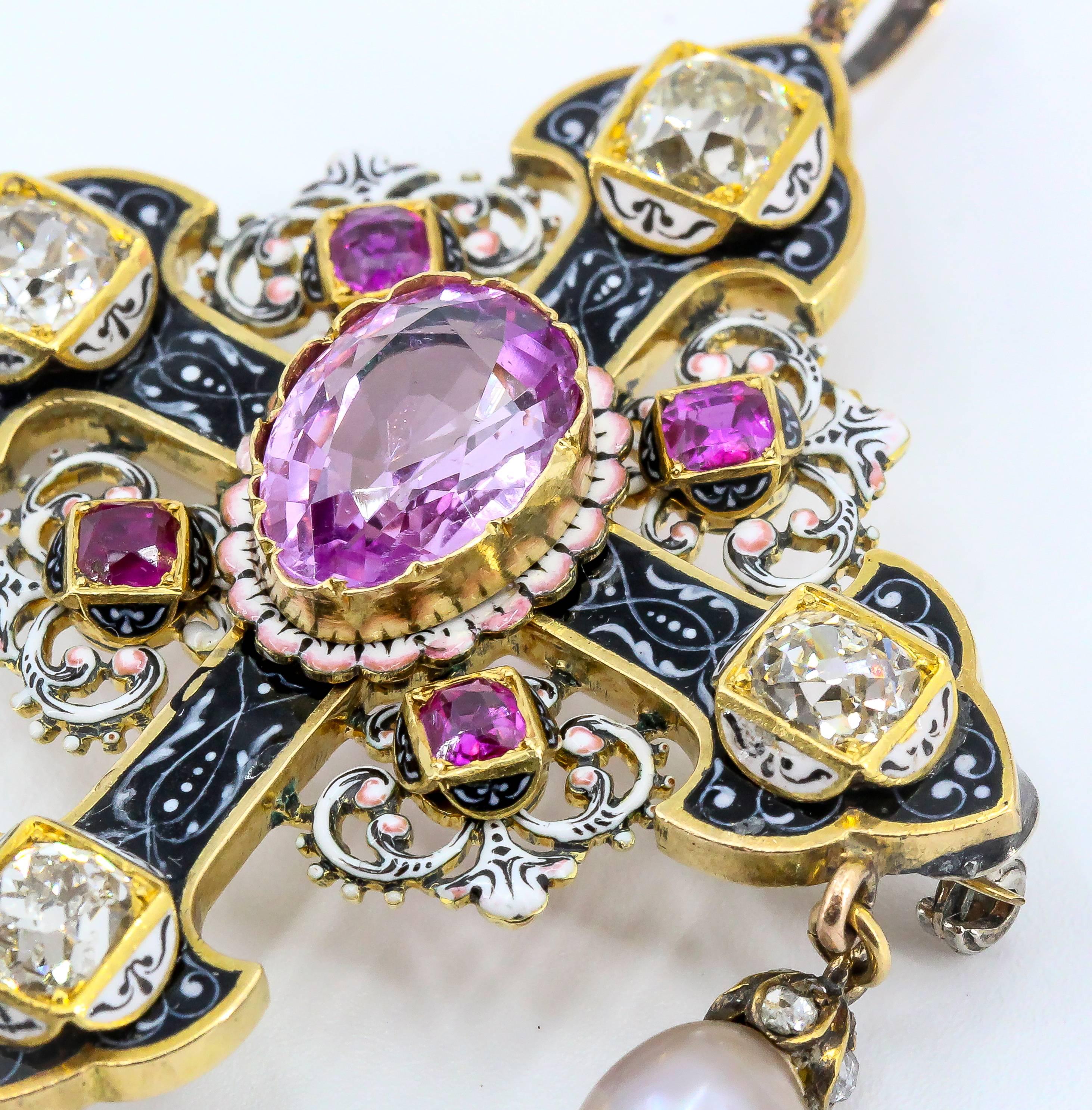 Renaissance Revival Pink Sapphire, Diamond, Natural Pearl and Gold Cross Brooch 1