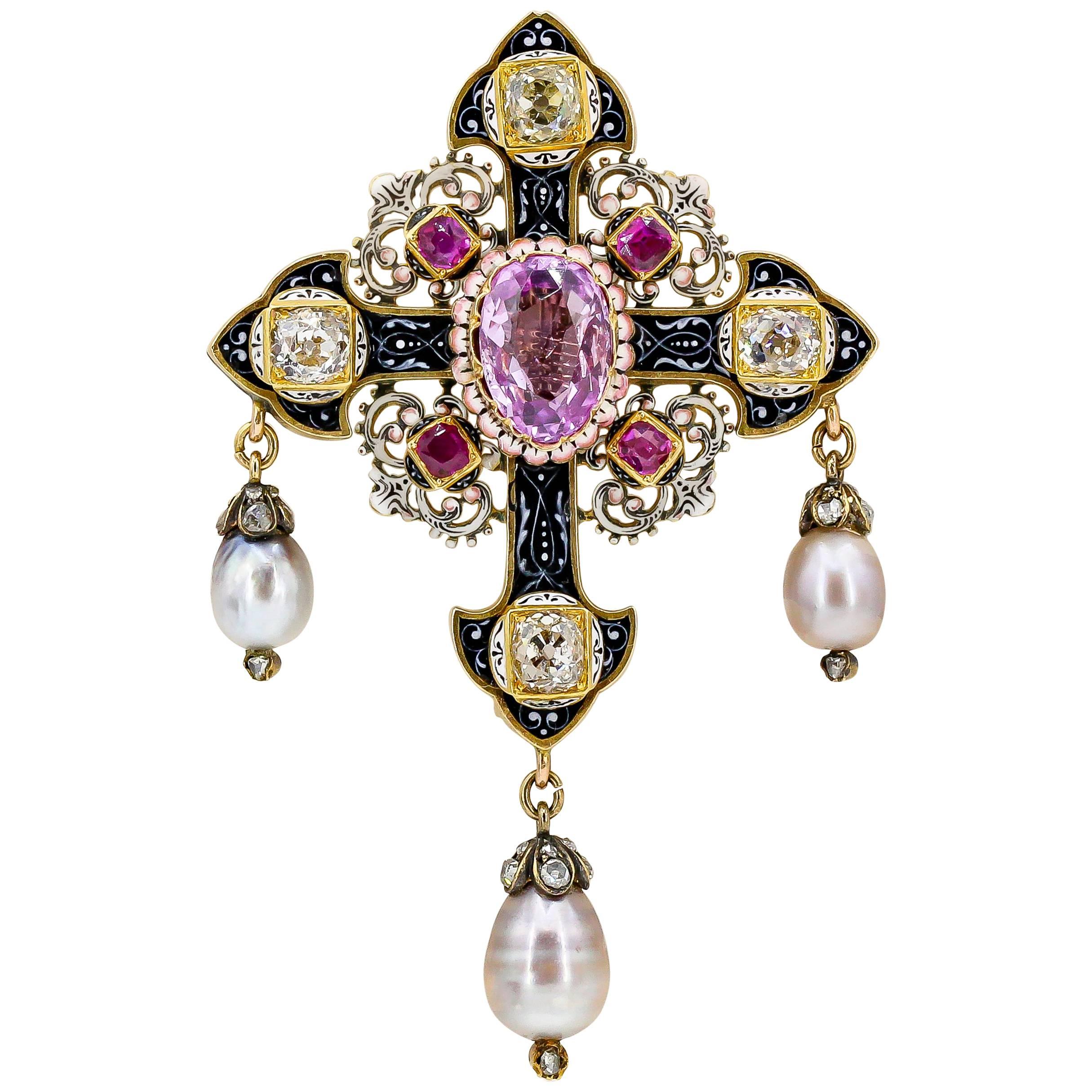 Renaissance Revival Pink Sapphire, Diamond, Natural Pearl and Gold Cross Brooch