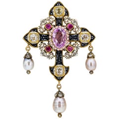 Renaissance Revival Pink Sapphire, Diamond, Natural Pearl and Gold Cross Brooch