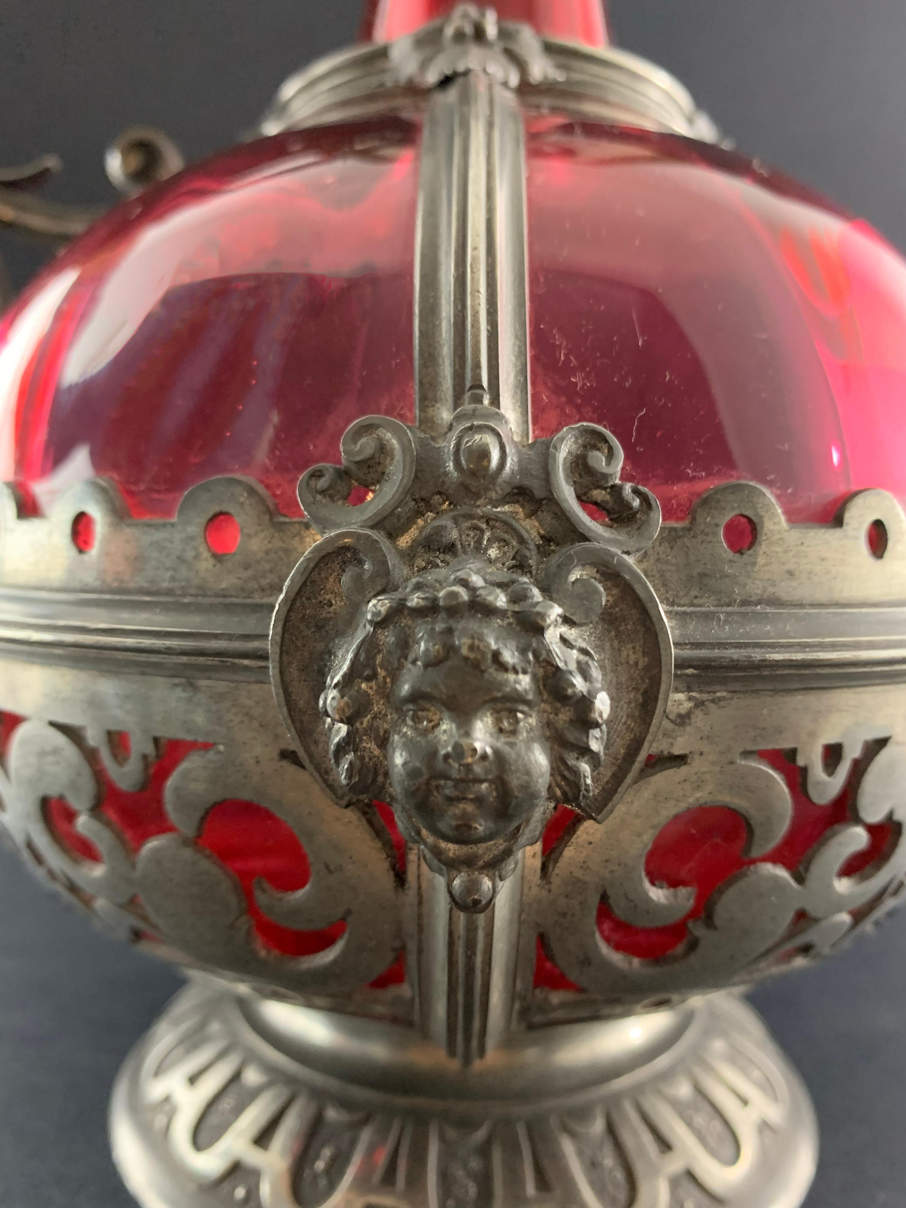 Renaissance Revival Red Crystal Ewer 19th Century In Good Condition In Beuzevillette, FR