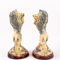 Renaissance Revive Saint-Honoré French Faience Lion Torches Mantel Sculptures