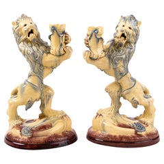 Used Renaissance Revival Saint-Honoré French Faience Lion Torches Mantel Sculptures