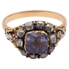 Antique Renaissance Revival Sapphire Diamond 18k Yellow Gold and Silver Cluster ring