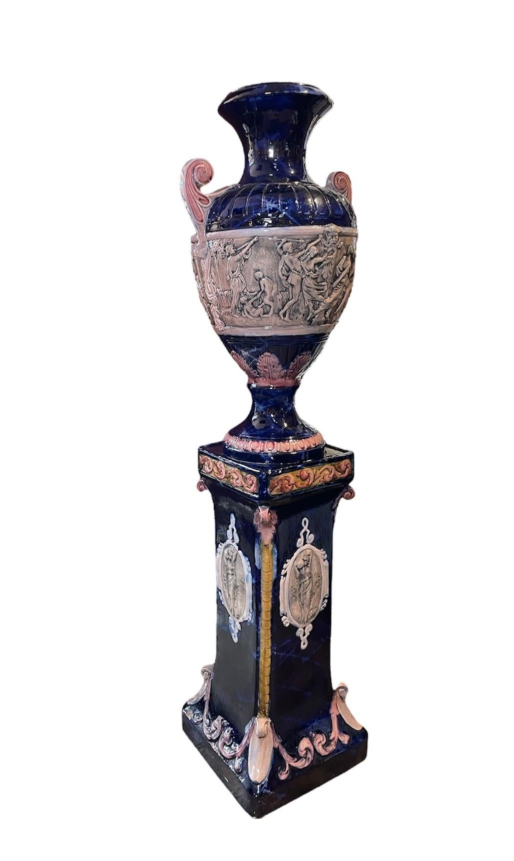 Majolica Renaissance Revival Set Of Amphora And Pedestal  For Sale
