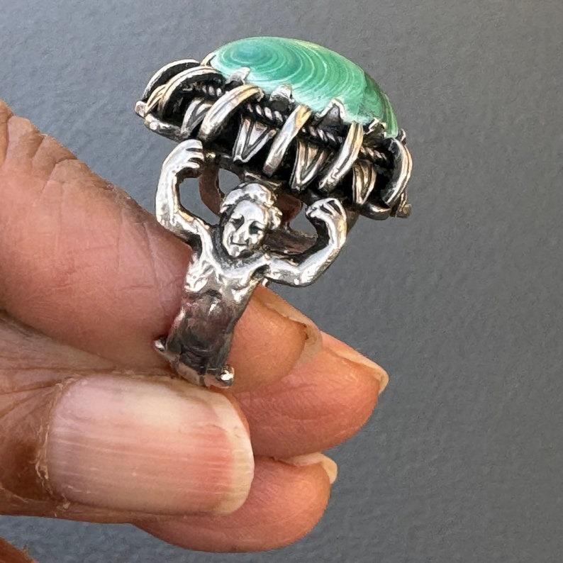 Cabochon Renaissance Revival Silver Malachite Ring For Sale