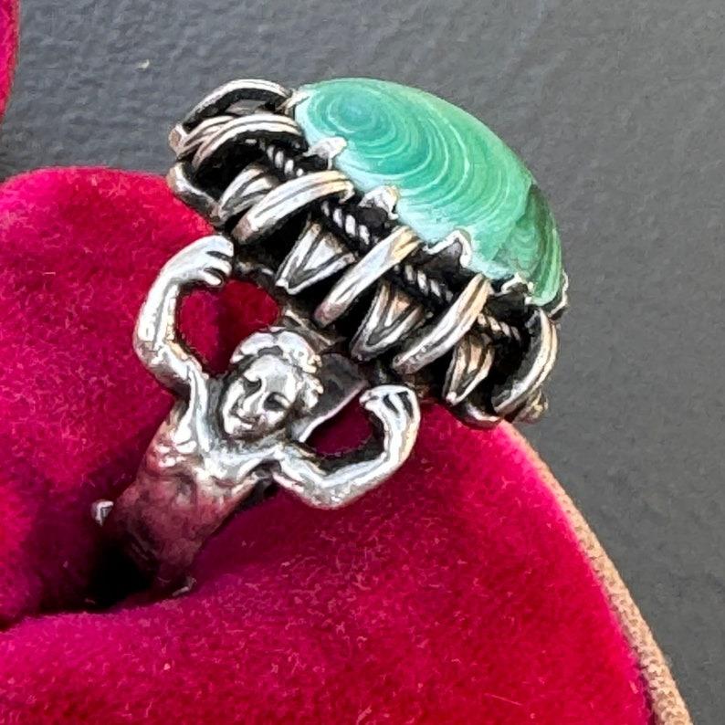 Renaissance Revival Silver Malachite Ring For Sale 2