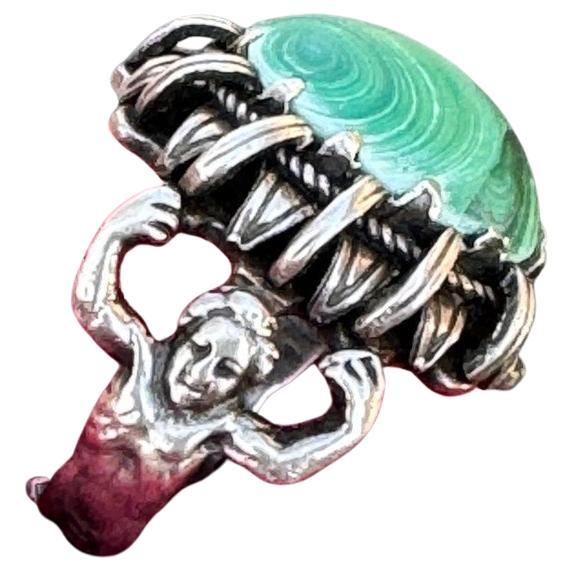 Renaissance Revival Silver Malachite Ring For Sale
