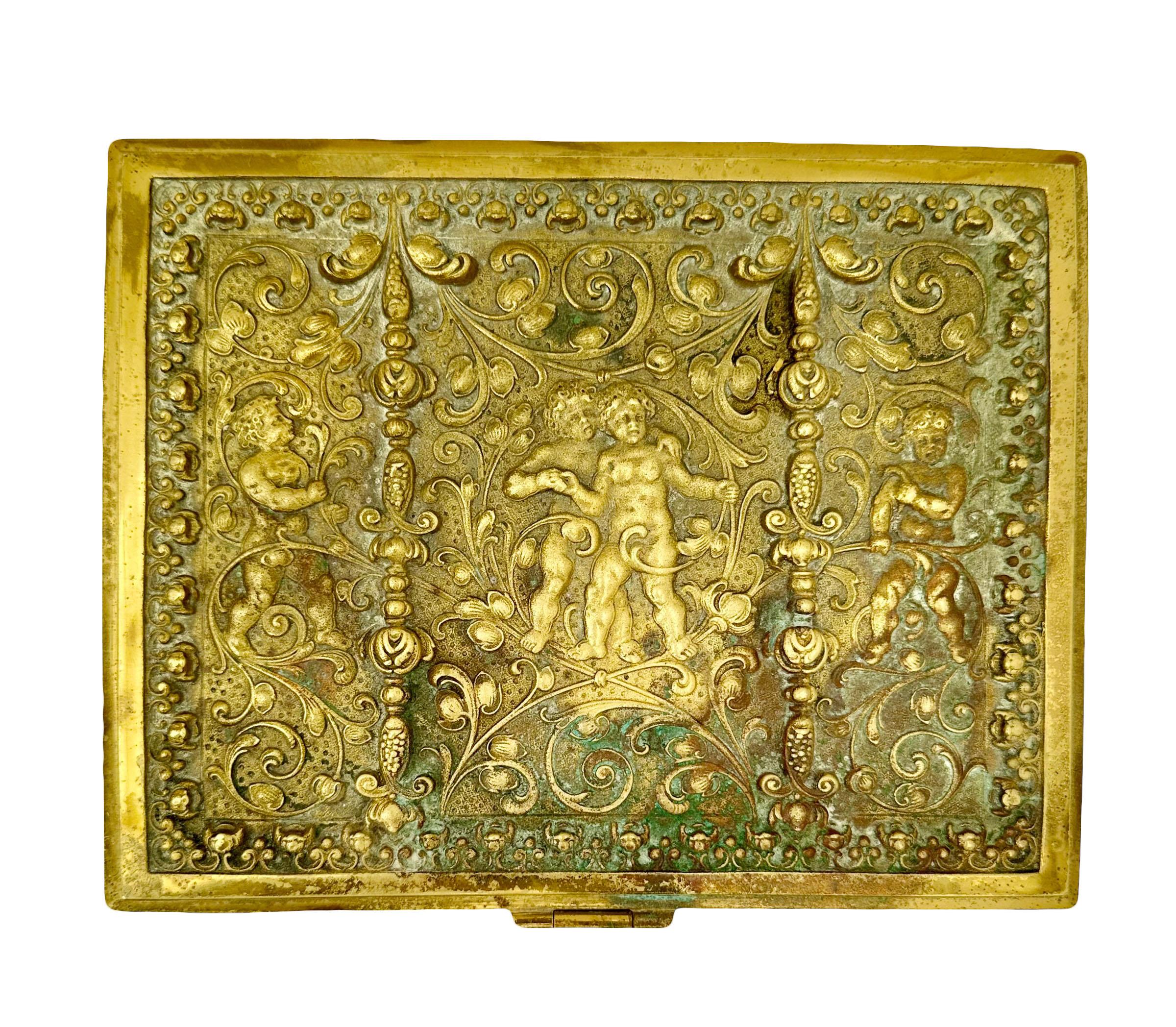 A renaissance revival style solid bronze box of the highest quality. The deep blue velvet interior has a ring holder. The interior depth is two and a half inches. No key. Austria, circa 1880. 