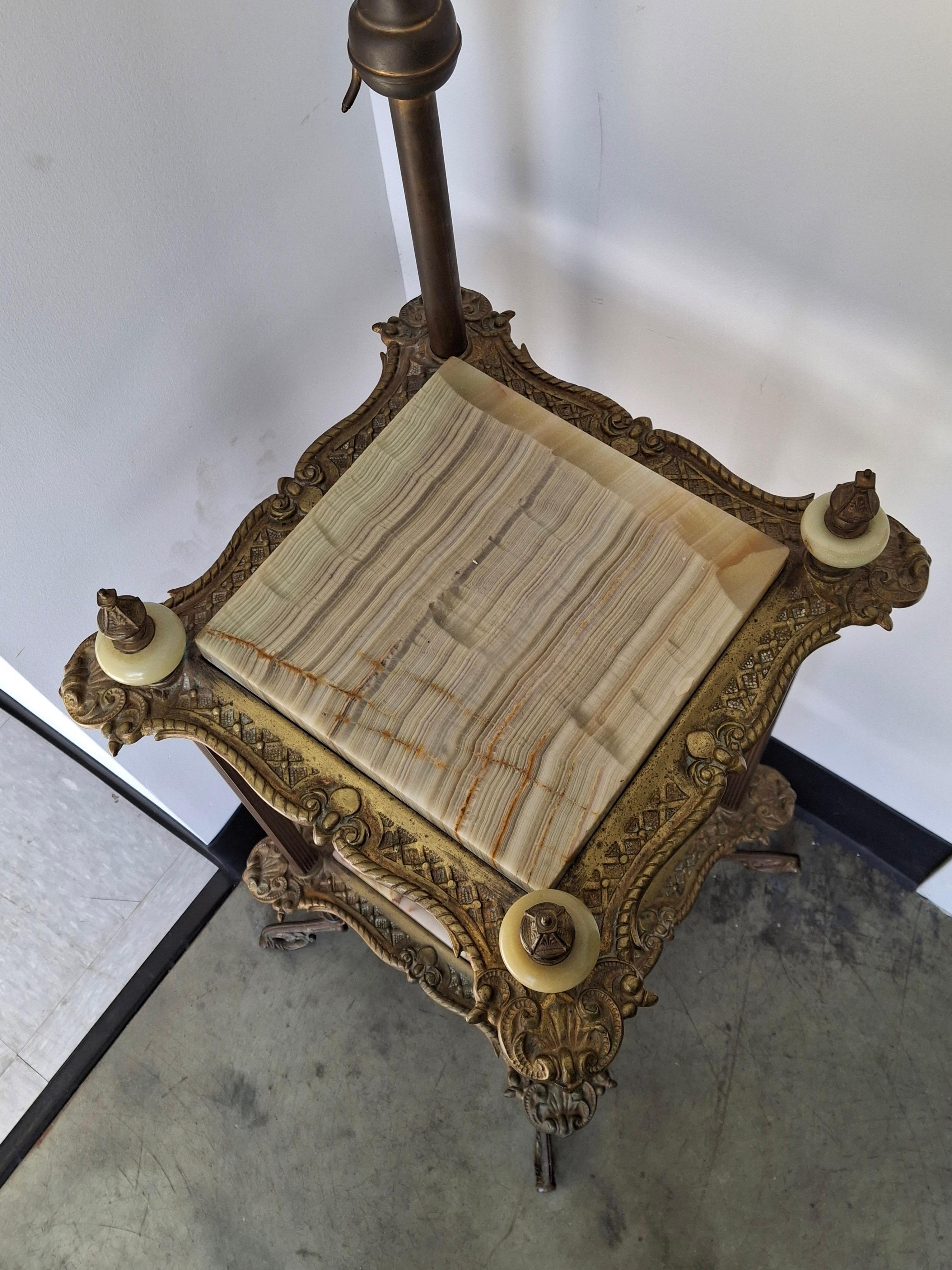 Renaissance Revival Style Cast Brass and Onyx Top Table with Adjustable Oil Lamp For Sale 4