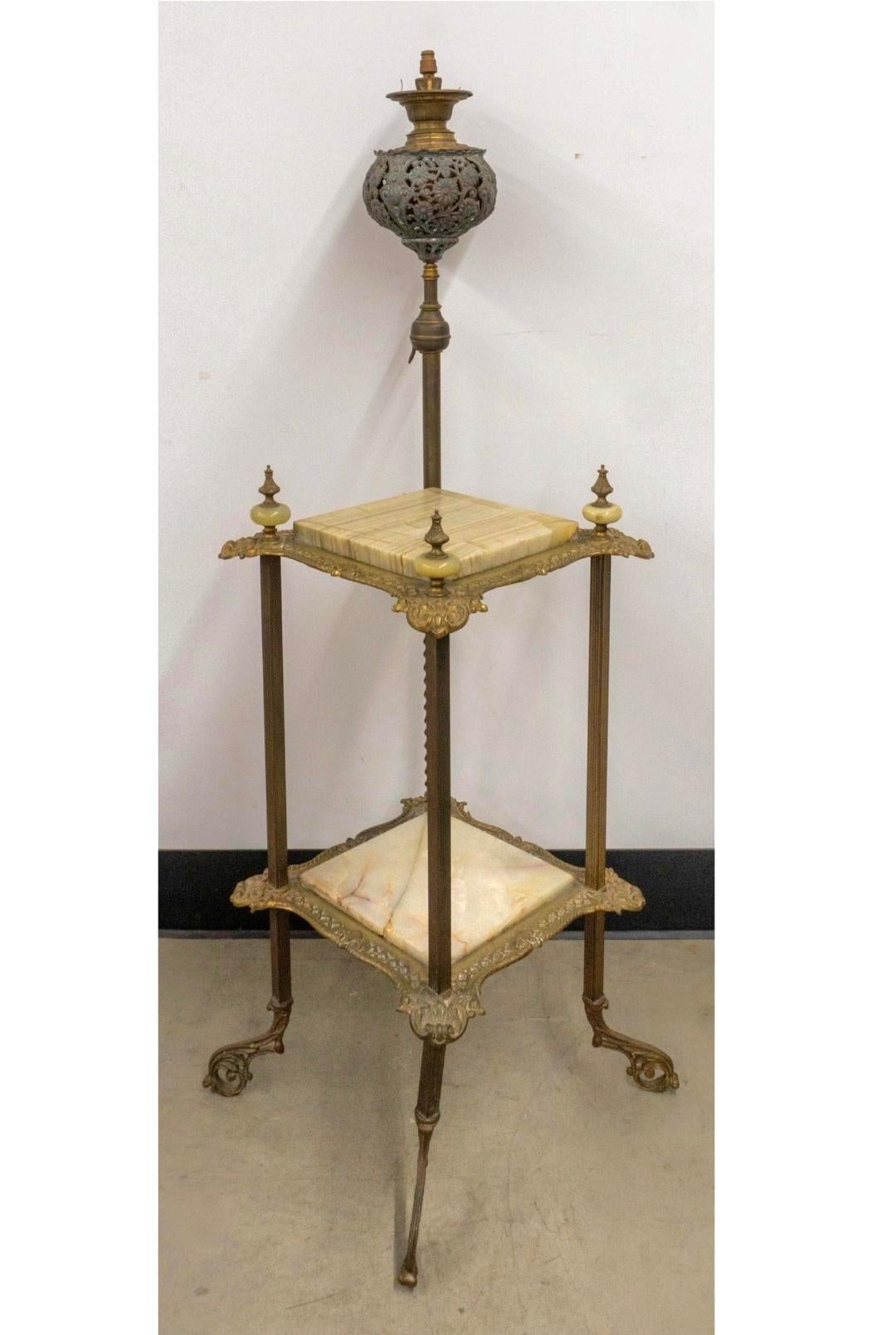 Renaissance Revival Style Cast Brass and Onyx Top Table with Adjustable Oil Lamp For Sale 7