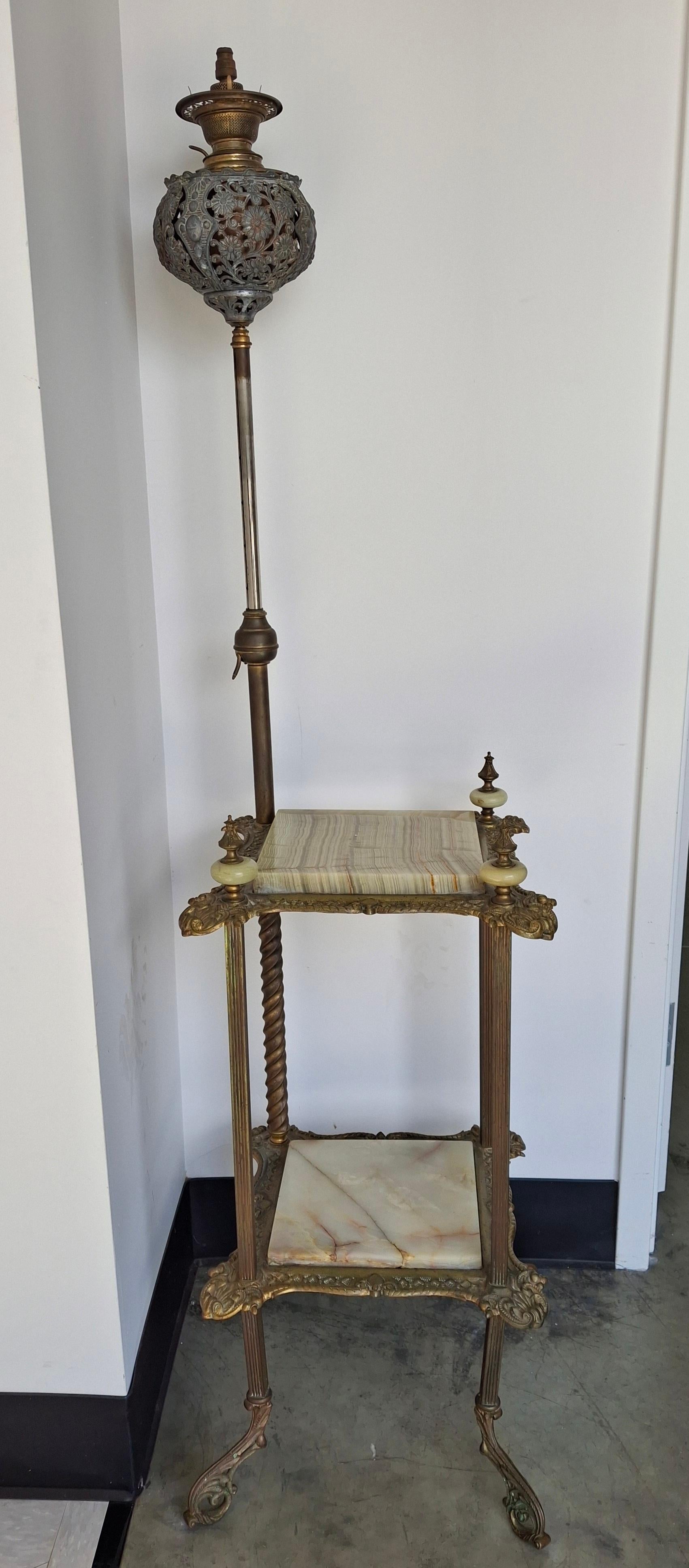 American Renaissance Revival Style Cast Brass and Onyx Top Table with Adjustable Oil Lamp For Sale