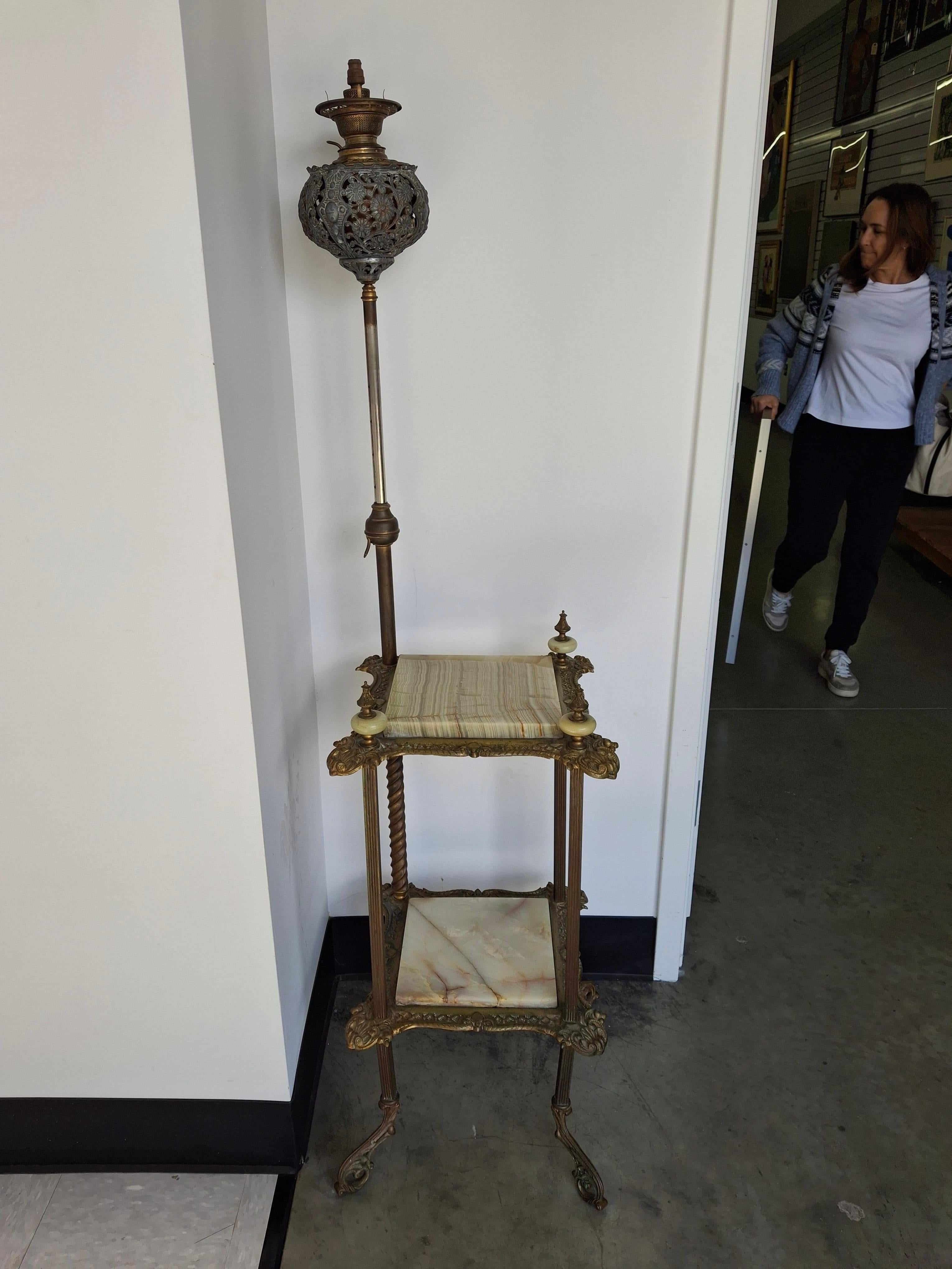 Etched Renaissance Revival Style Cast Brass and Onyx Top Table with Adjustable Oil Lamp For Sale