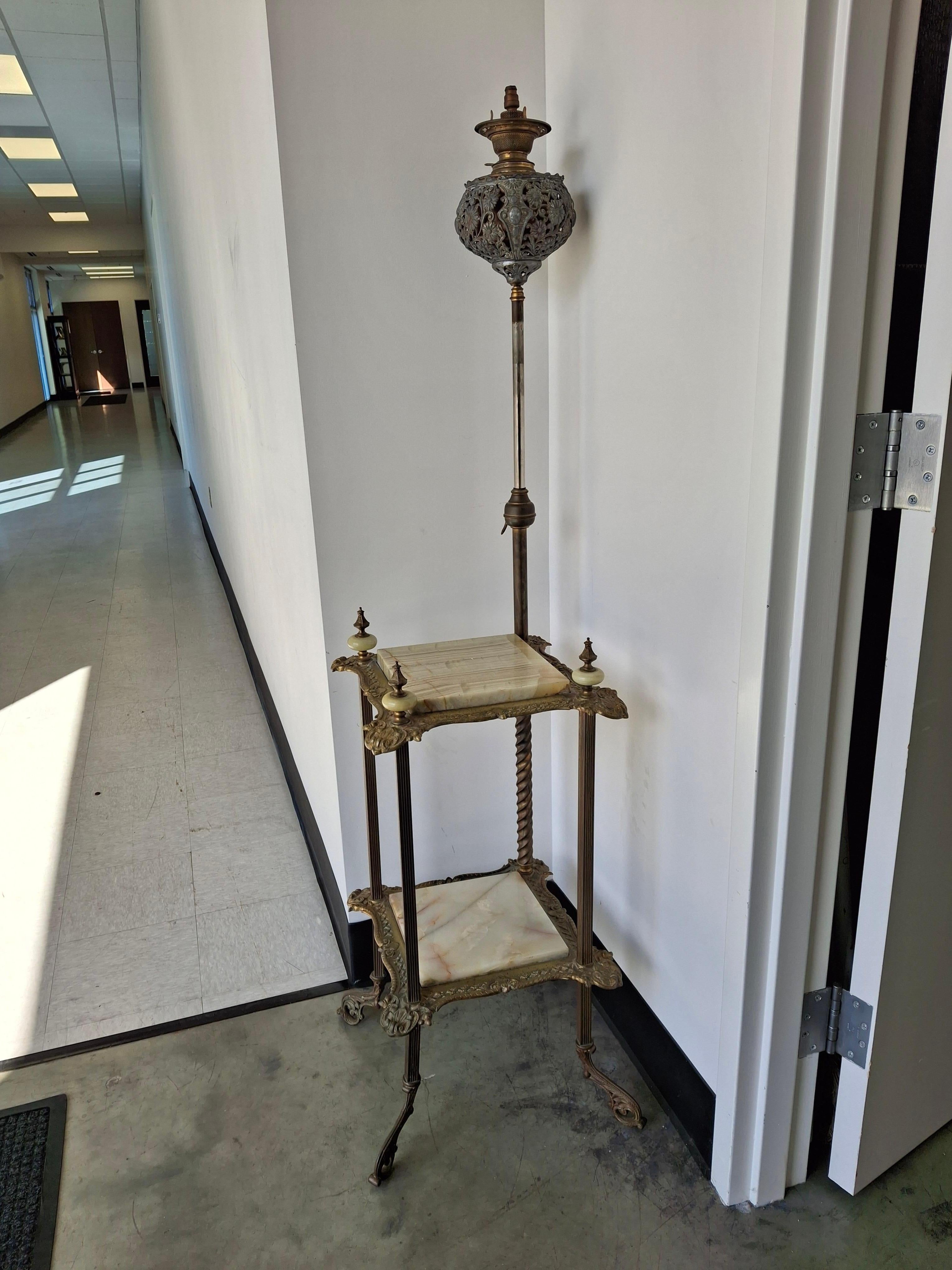 Renaissance Revival Style Cast Brass and Onyx Top Table with Adjustable Oil Lamp In Good Condition For Sale In Germantown, MD