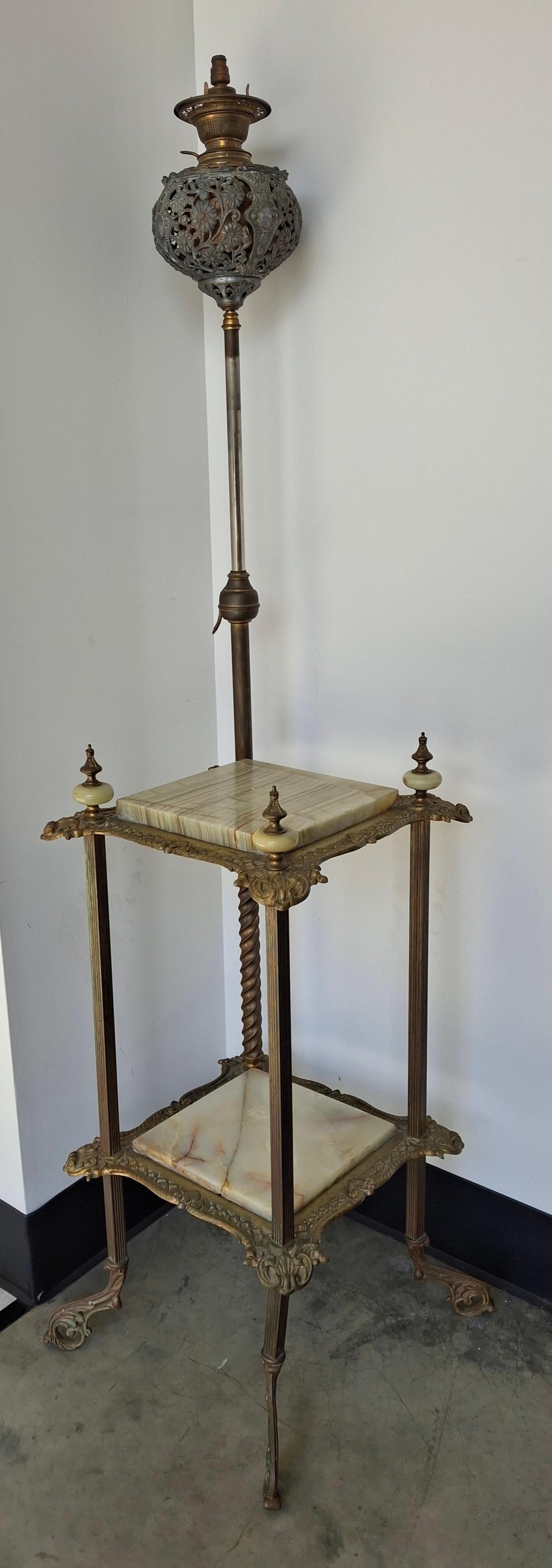 19th Century Renaissance Revival Style Cast Brass and Onyx Top Table with Adjustable Oil Lamp For Sale