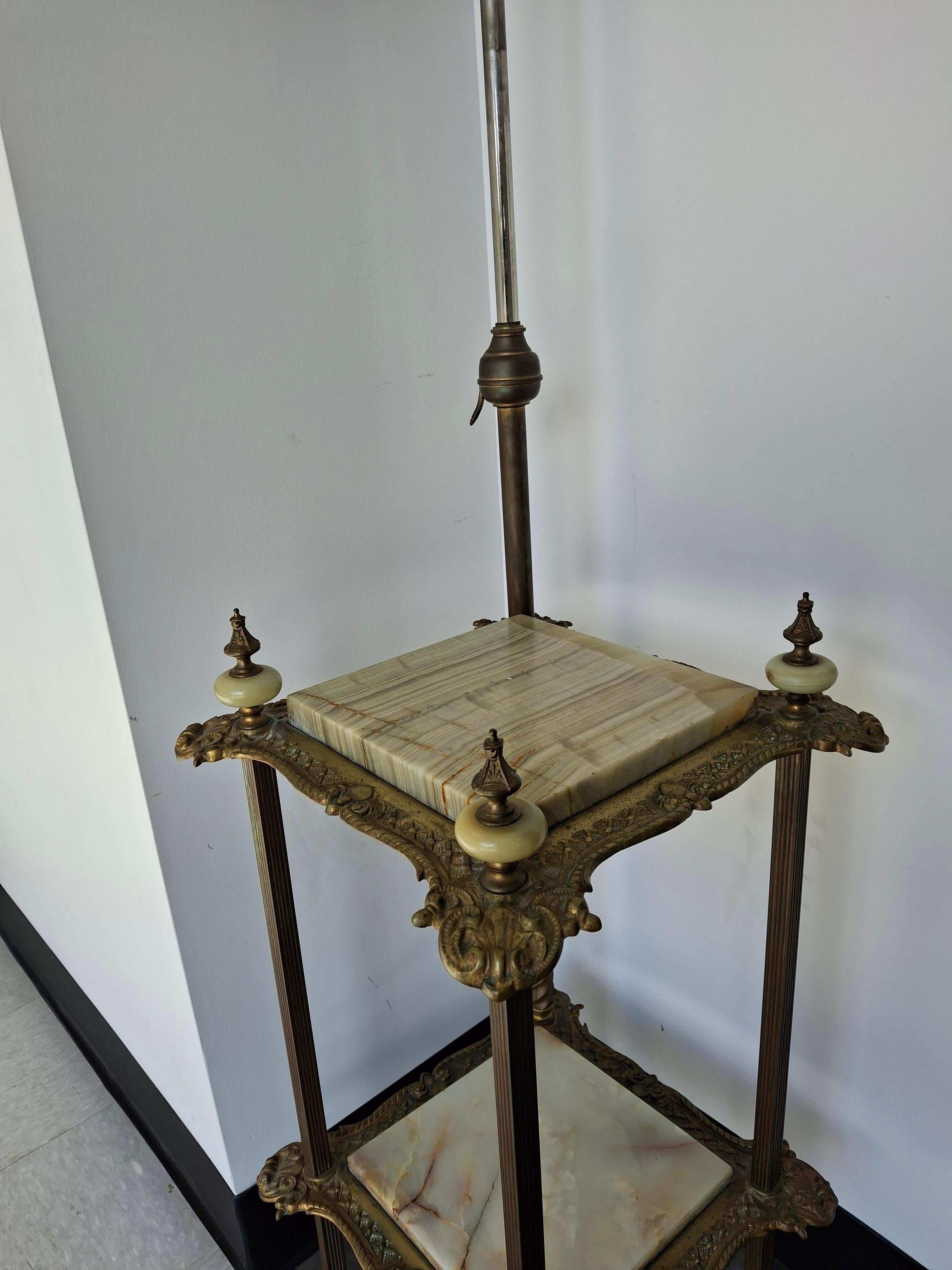Renaissance Revival Style Cast Brass and Onyx Top Table with Adjustable Oil Lamp For Sale 1