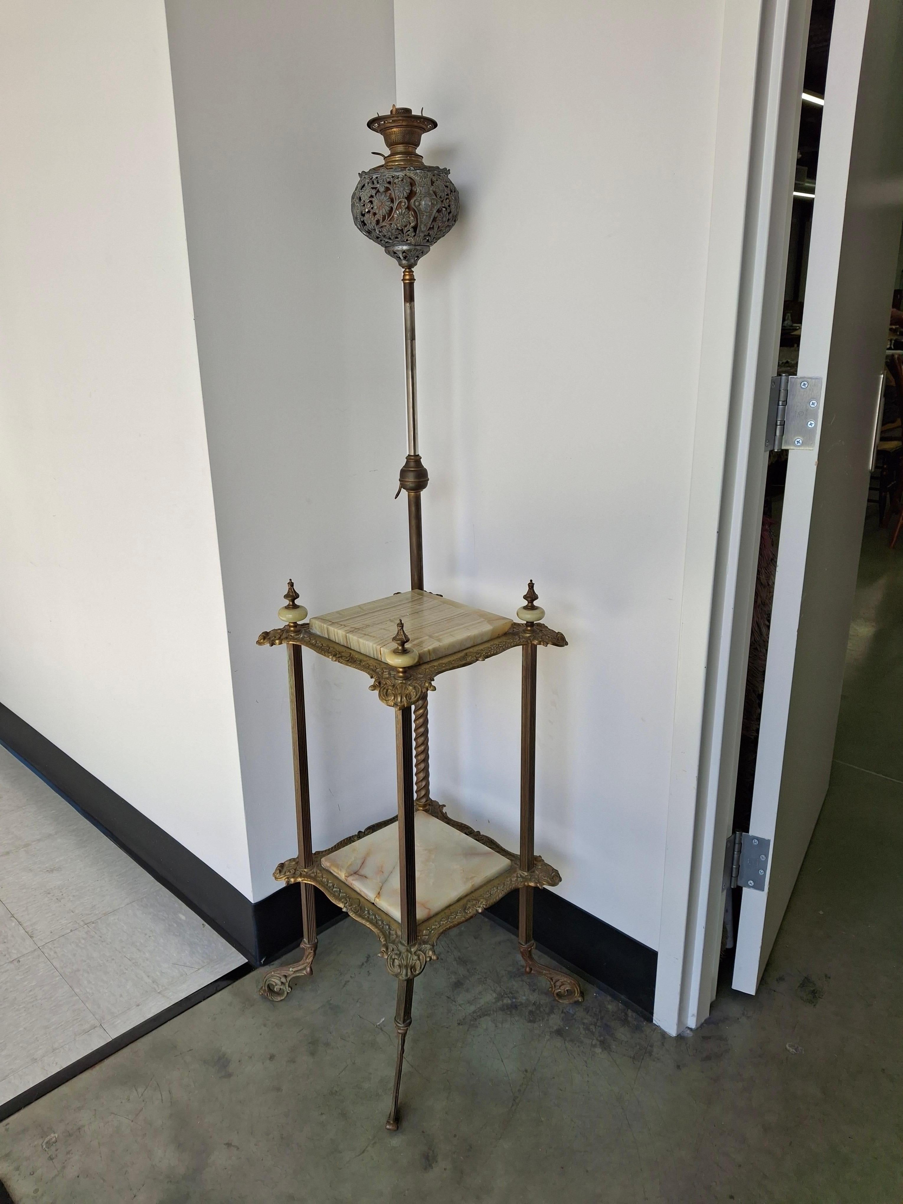 Renaissance Revival Style Cast Brass and Onyx Top Table with Adjustable Oil Lamp For Sale 2