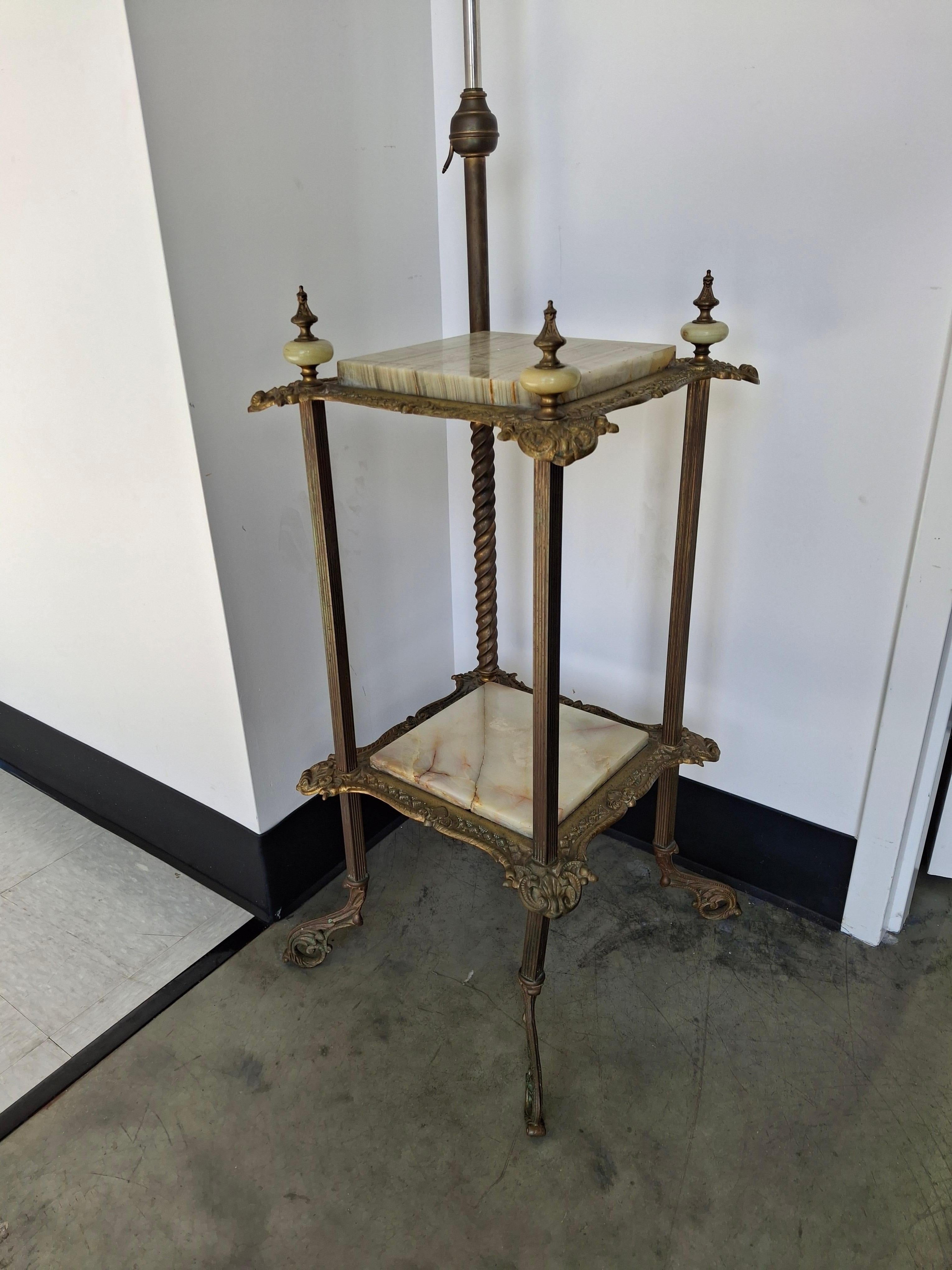 Renaissance Revival Style Cast Brass and Onyx Top Table with Adjustable Oil Lamp For Sale 3