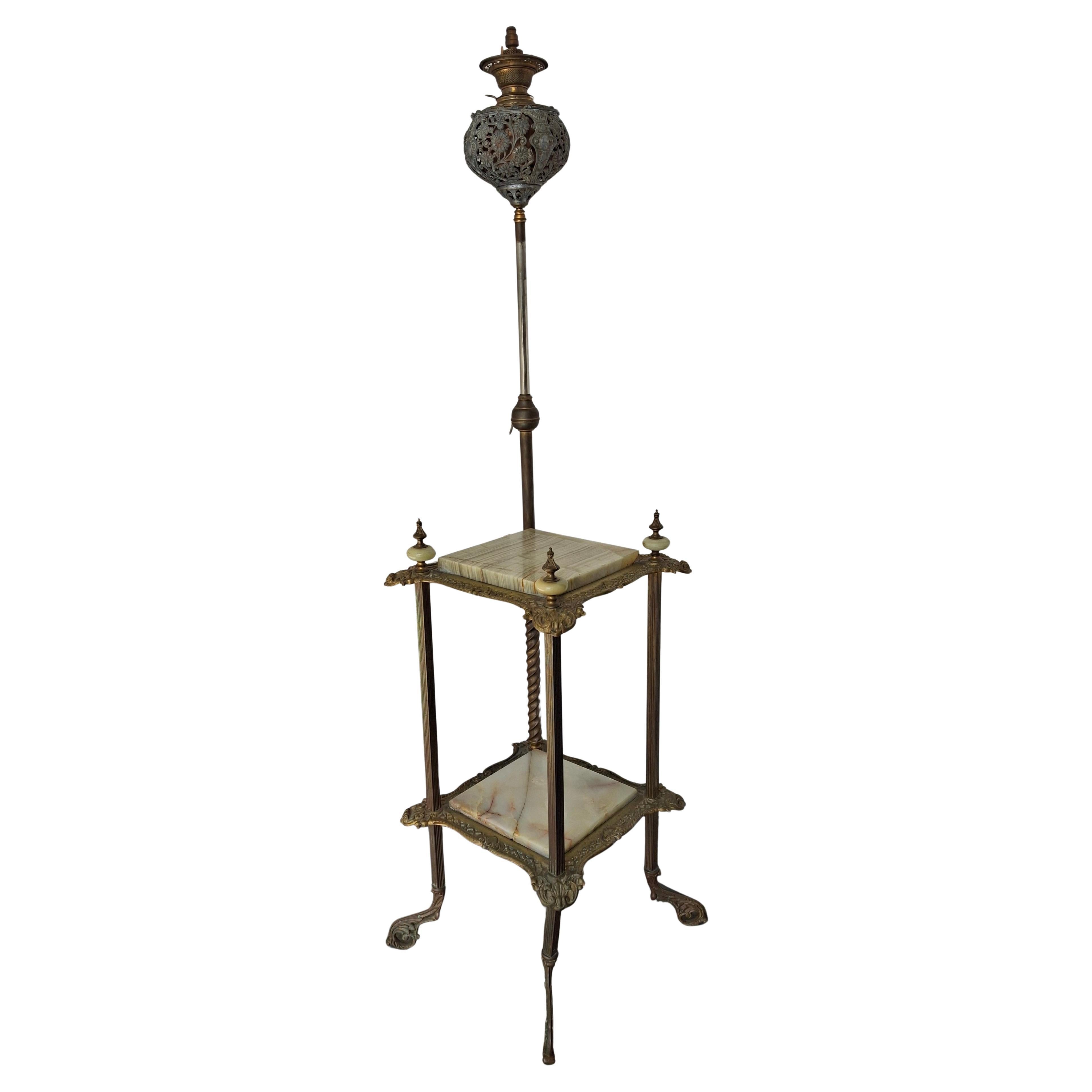Renaissance Revival Style Cast Brass and Onyx Top Table with Adjustable Oil Lamp For Sale