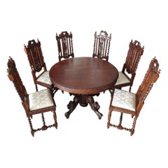 Renaissance Revival Style Folding Table and Chairs Set, Table + 6 Chairs
