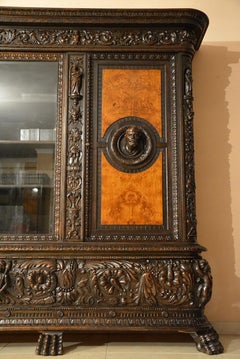 Renaissance Revival Style Oak Bookcase with Drink Bar Beginning of 20th Century