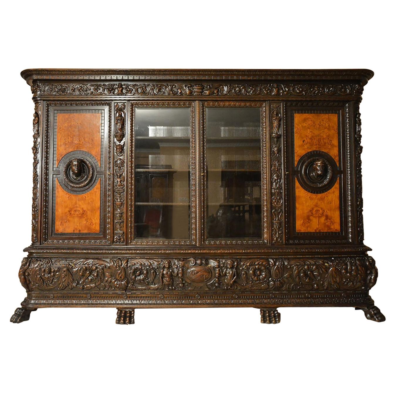 Renaissance Revival Style Oak Bookcase with Drink Bar Beginning of 20th Century For Sale