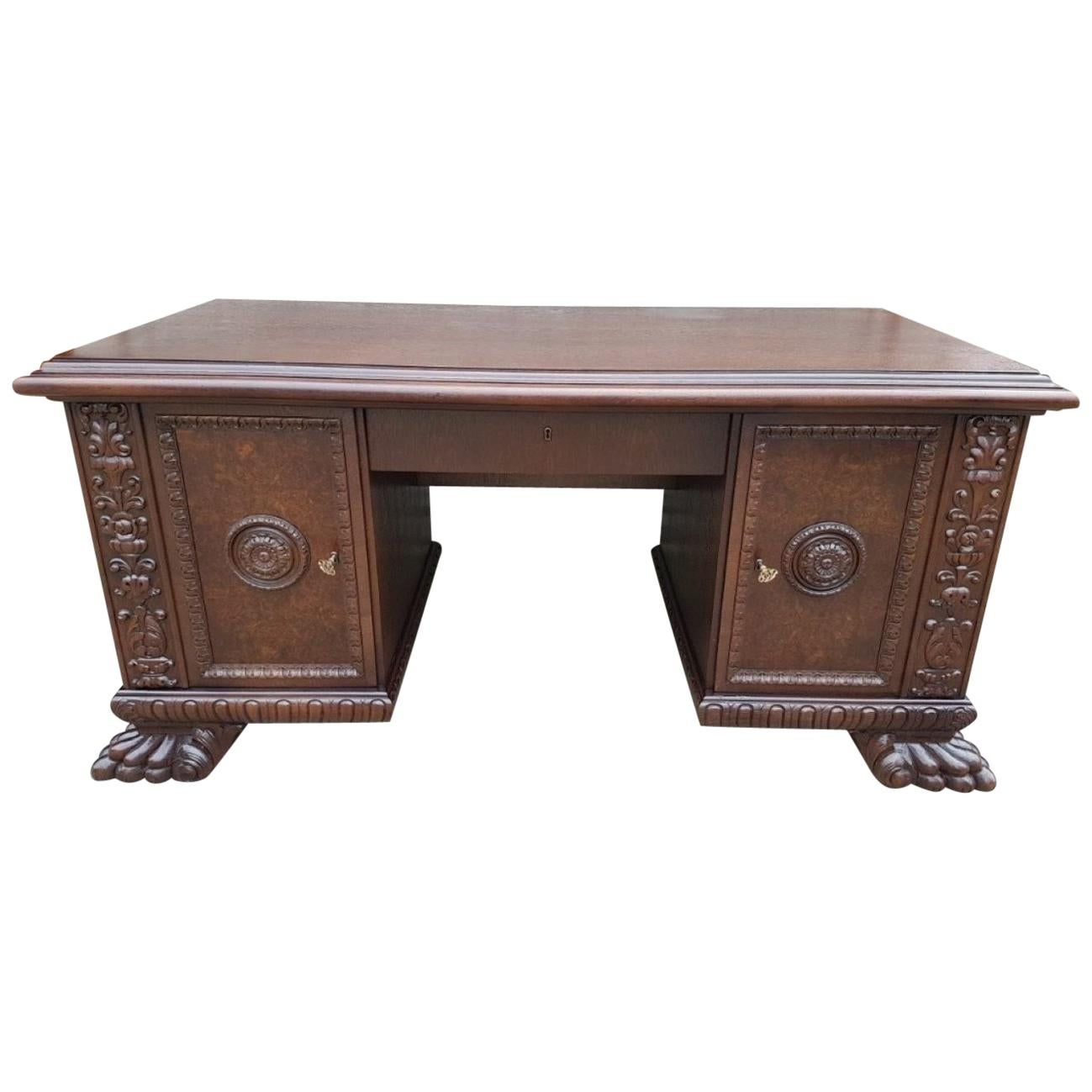 Renaissance Revival Style Oak Desk with Walnut Burl, Early 20th Century