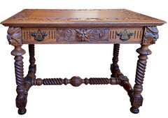 Mesa de biblioteca de roble estilo renacimiento con cajón