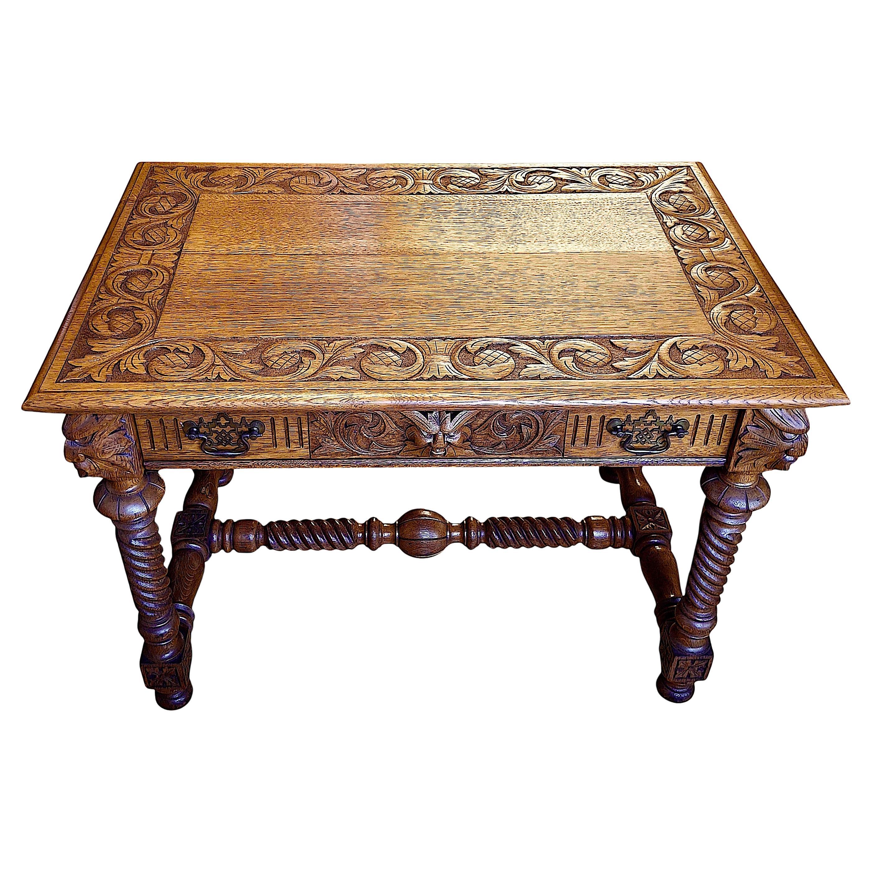 Renaissance Revival Style Oak Library Table with Drawer