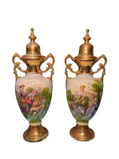 Renaissance Revival Style Pair Of A.G. Harley Jones Porcelain Urns