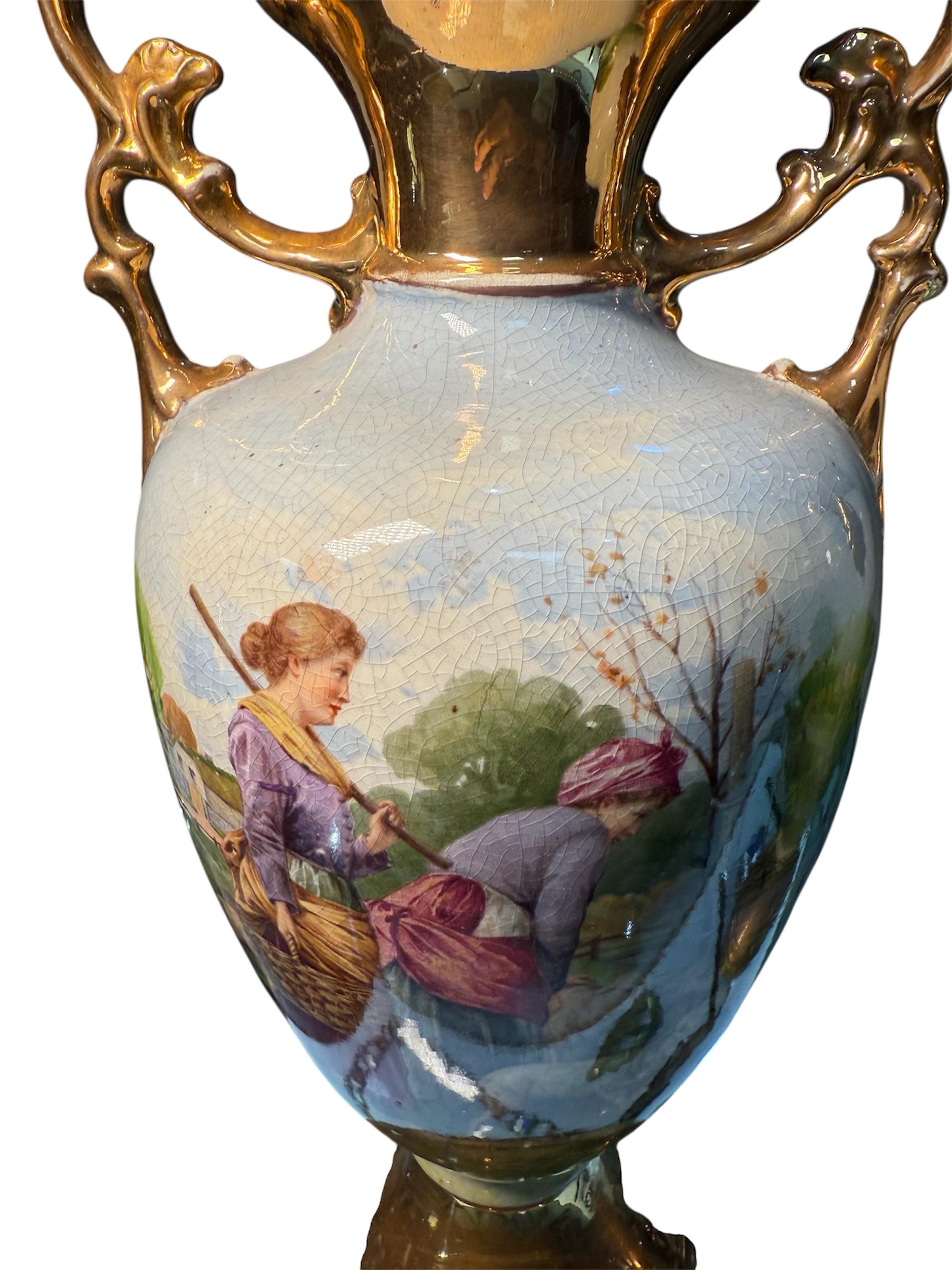 Dorato Renaissance Revival Style Pair Of A.G. Harley Jones Porcelain Urns in vendita