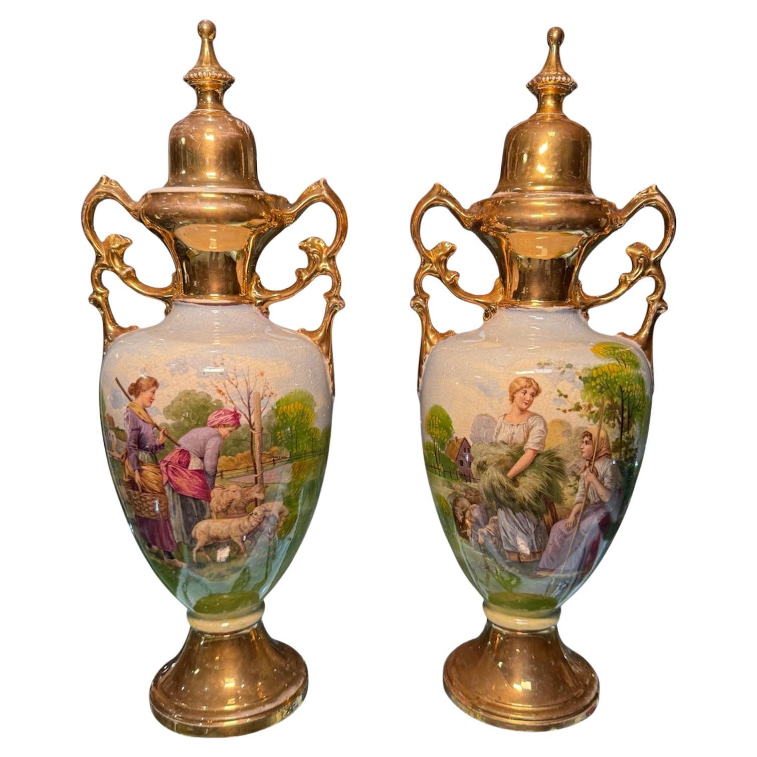 Renaissance Revival Style Pair Of A.G. Harley Jones Porcelain Urns