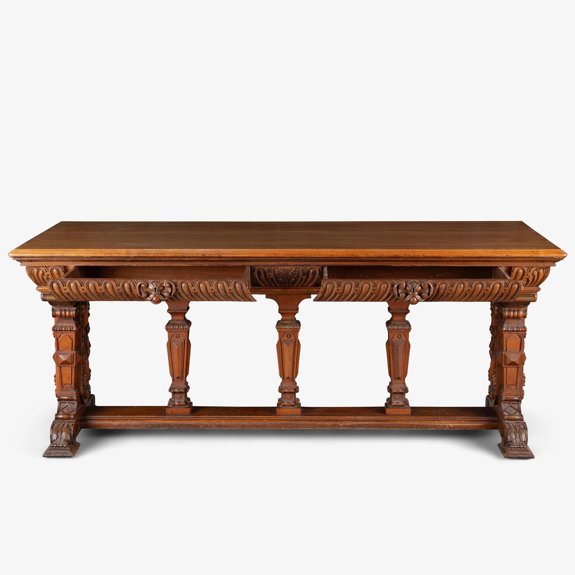 American Renaissance Revival Style Partners Foyer Table Desk in Walnut For Sale