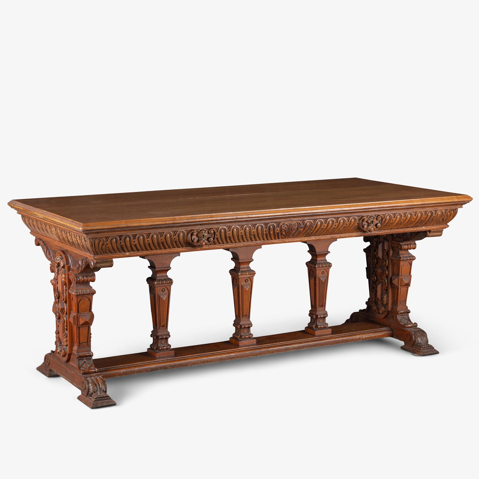 Hand-Carved Renaissance Revival Style Partners Foyer Table Desk in Walnut For Sale