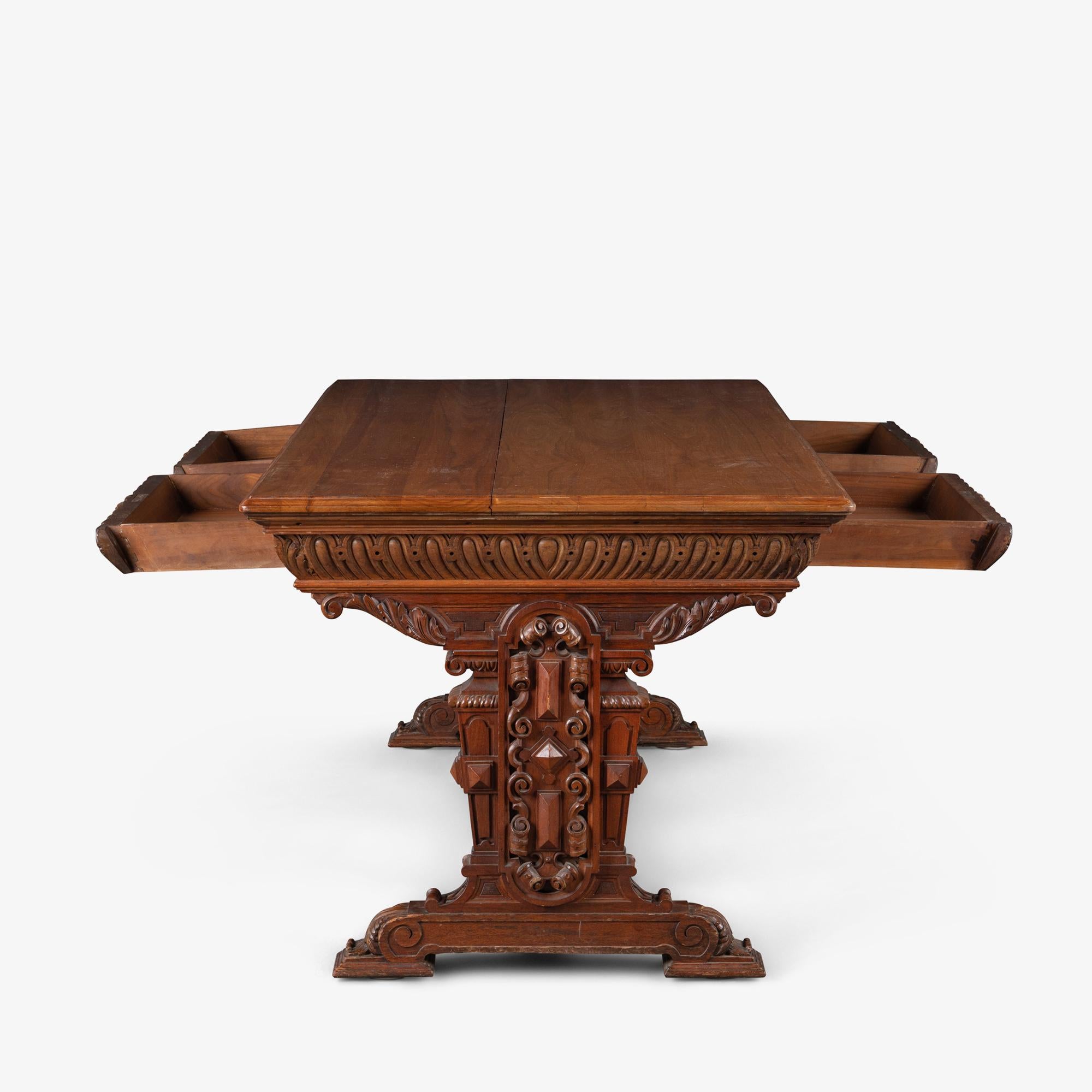 19th Century Renaissance Revival Style Partners Foyer Table Desk in Walnut For Sale