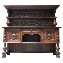 Vintage Renaissance Revival Style Solid Oak Auxiliary Credenza, Early 19th-20th Century