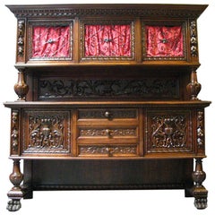 Renaissance Revival Style Solid Oak Credenza, Early 19th-20th Century