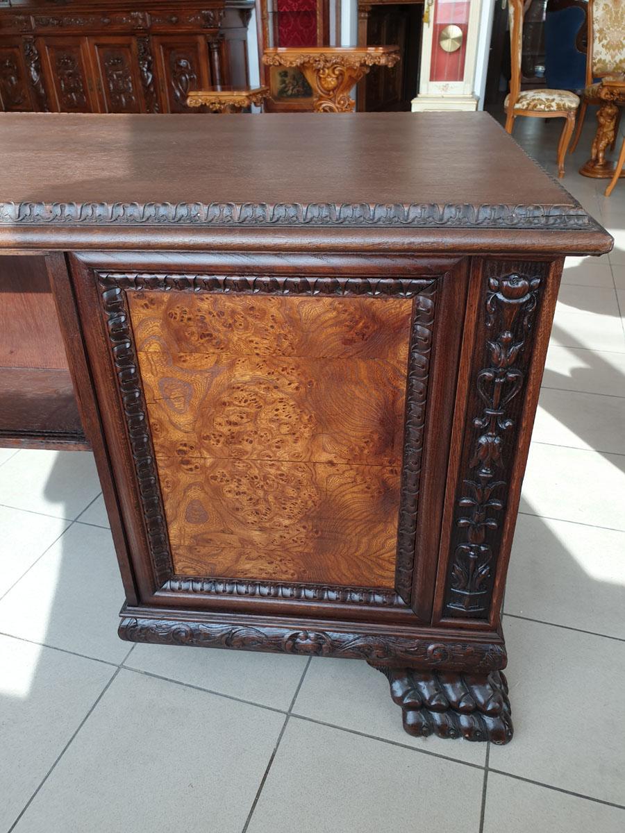 Renaissance Revival Style Solid Oak Desk with Walnut Burl, Early 20th Century 8