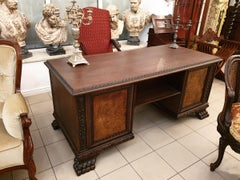 Renaissance Revival Style Solid Oak Desk with Walnut Burl, Early 20th Century