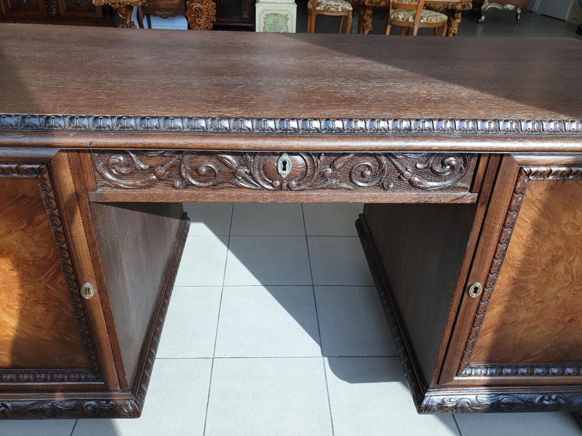 Renaissance Revival Style Solid Oak Desk with Walnut Burl, Early 20th Century 1