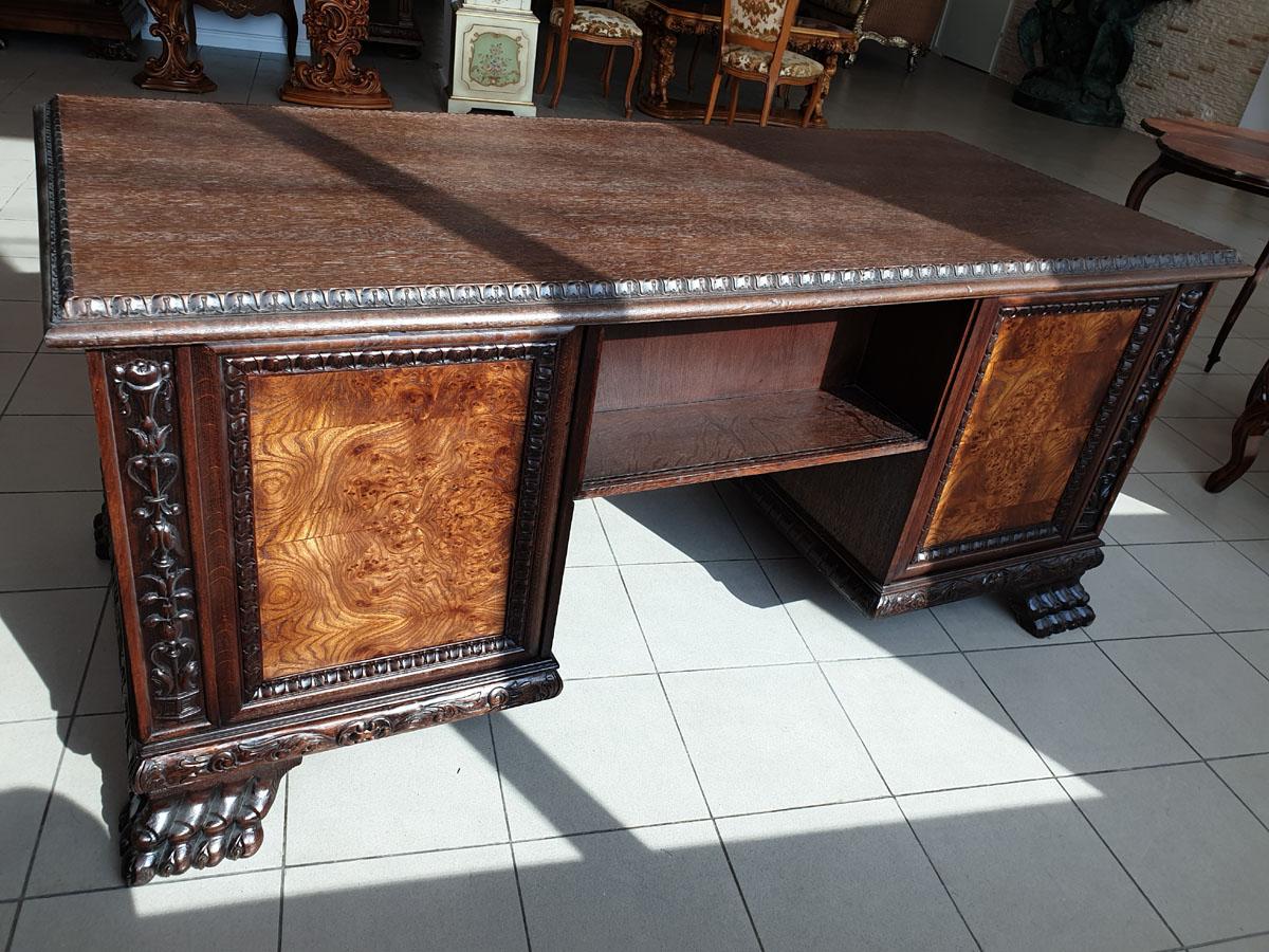 Renaissance Revival Style Solid Oak Desk with Walnut Burl, Early 20th Century 5