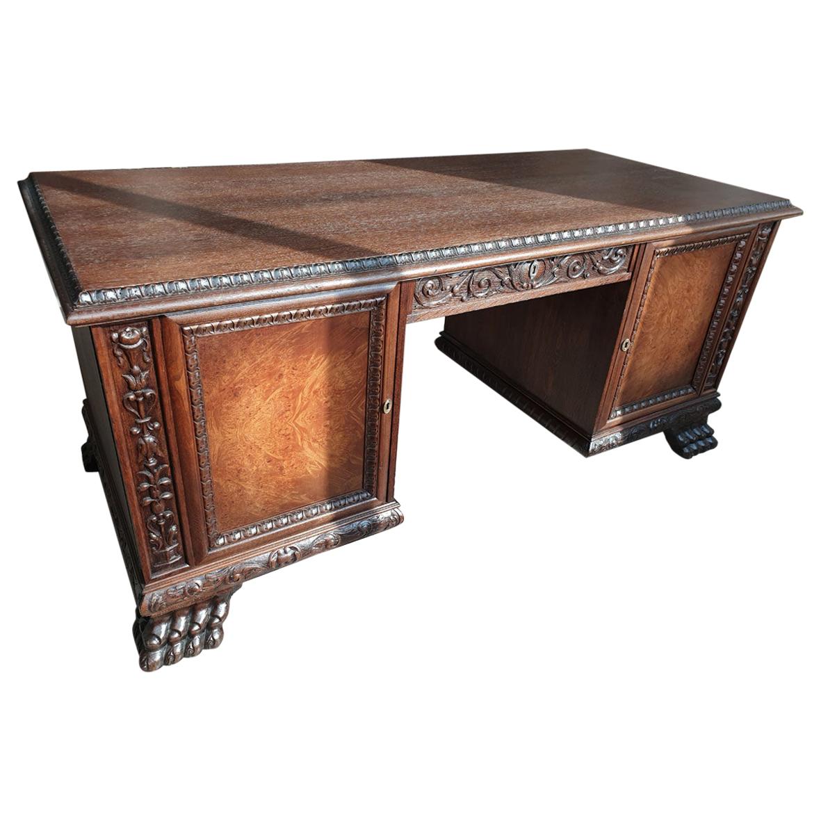 Renaissance Revival Style Solid Oak Desk with Walnut Burl, Early 20th Century