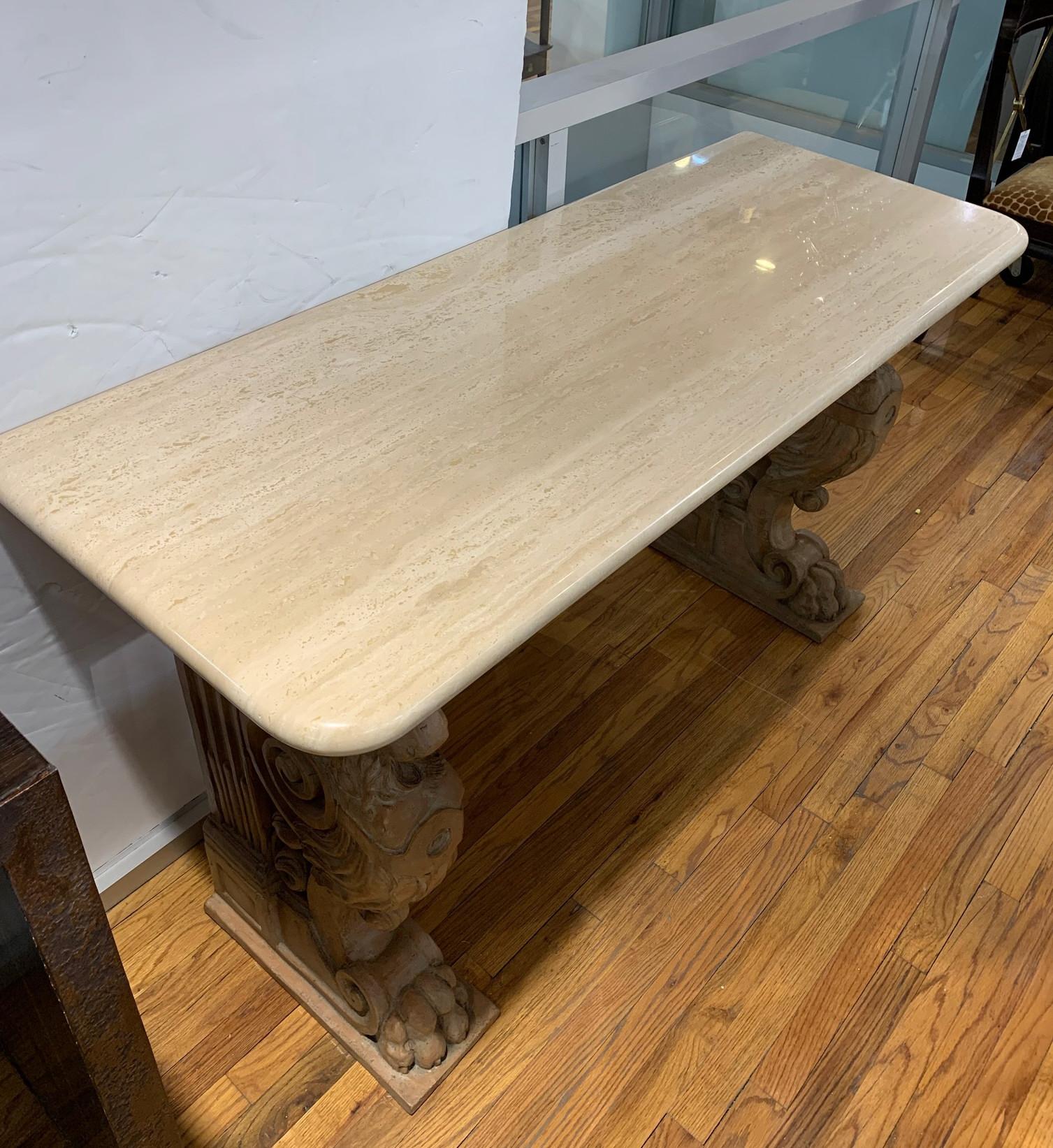 Renaissance Revival Style Travertine & Terracotta Console In Good Condition In New York, NY