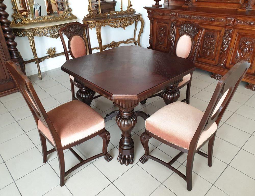 European Renaissance Revival Table Set, Living or Dining Room, Table and 4 Chairs For Sale