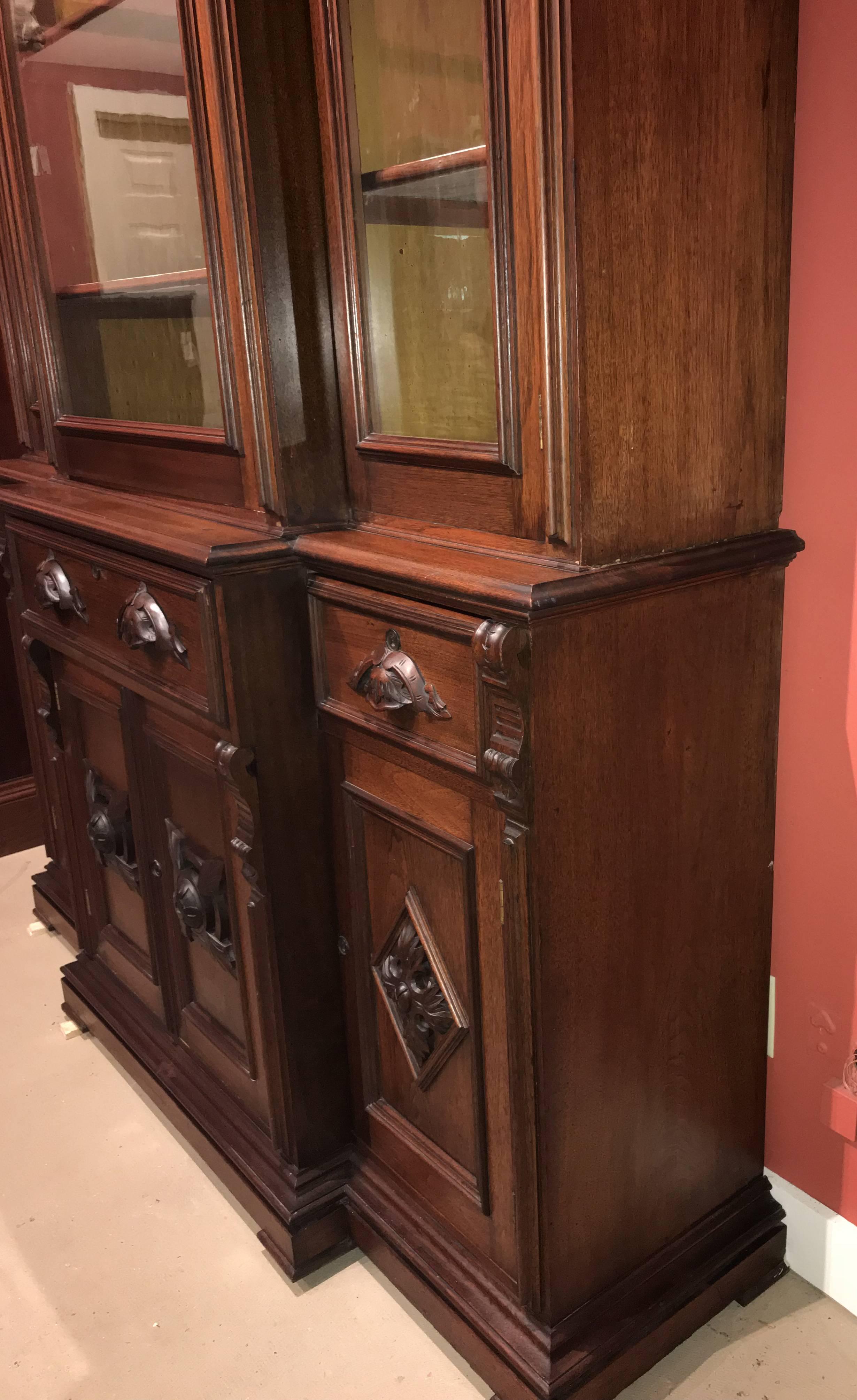 Hand-Carved Renaissance Revival Victorian Glazed and Carved Walnut Cabinet or Bookcase