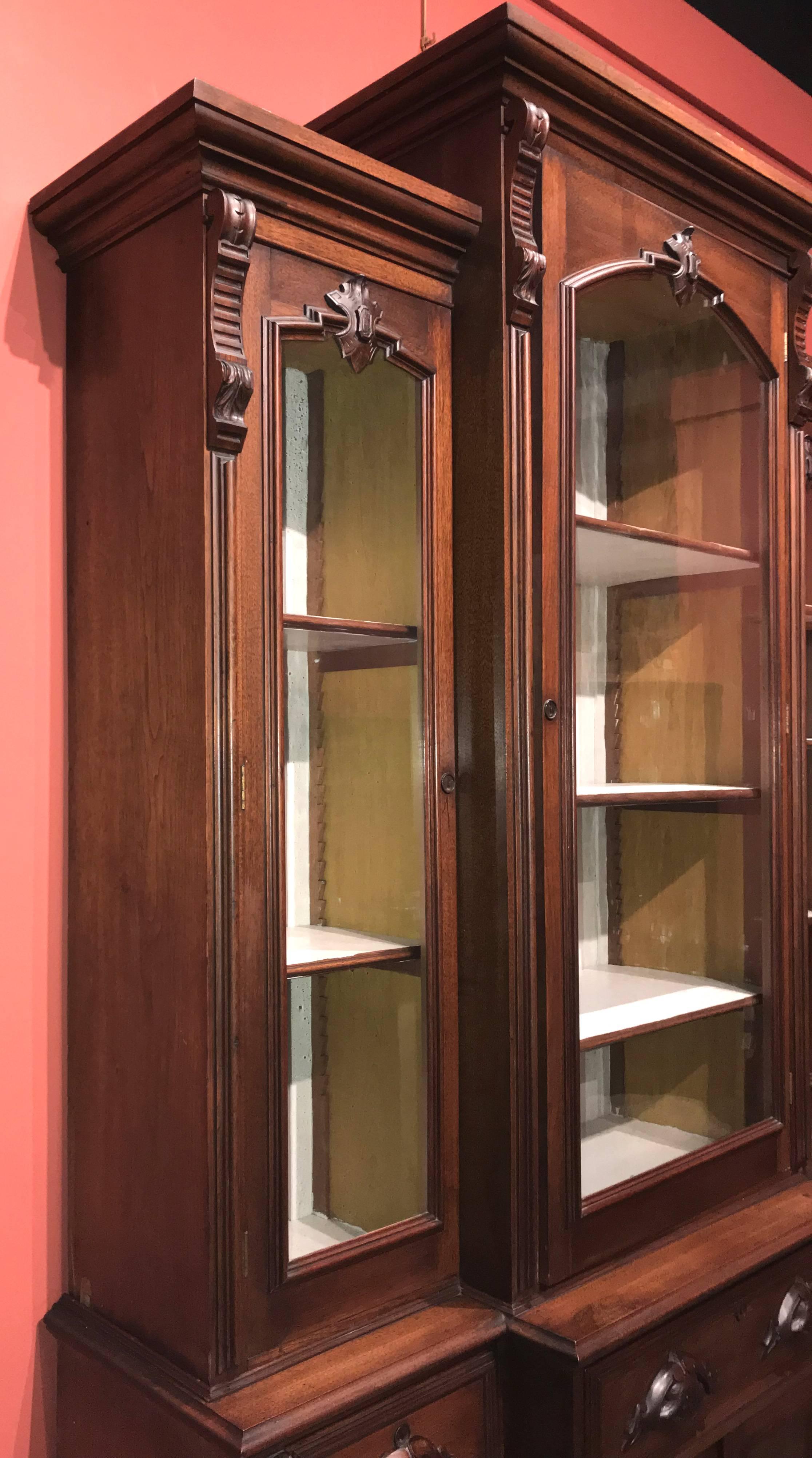Renaissance Revival Victorian Glazed and Carved Walnut Cabinet or Bookcase In Good Condition In Milford, NH