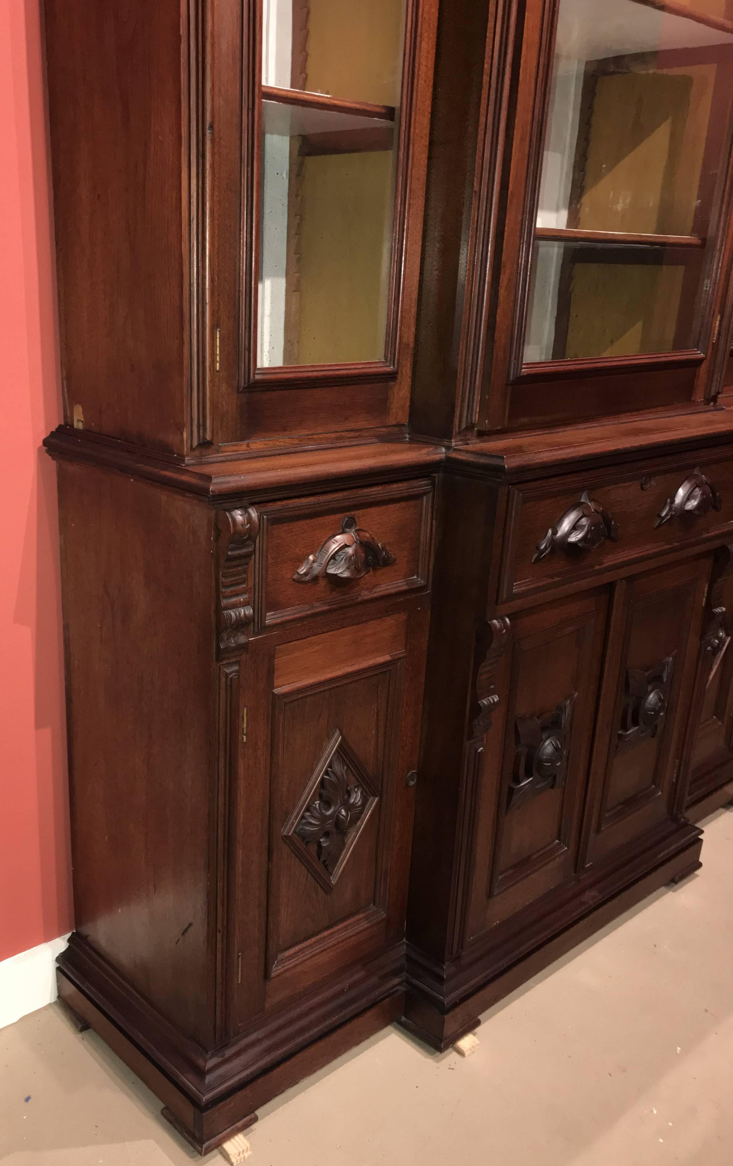 19th Century Renaissance Revival Victorian Glazed and Carved Walnut Cabinet or Bookcase