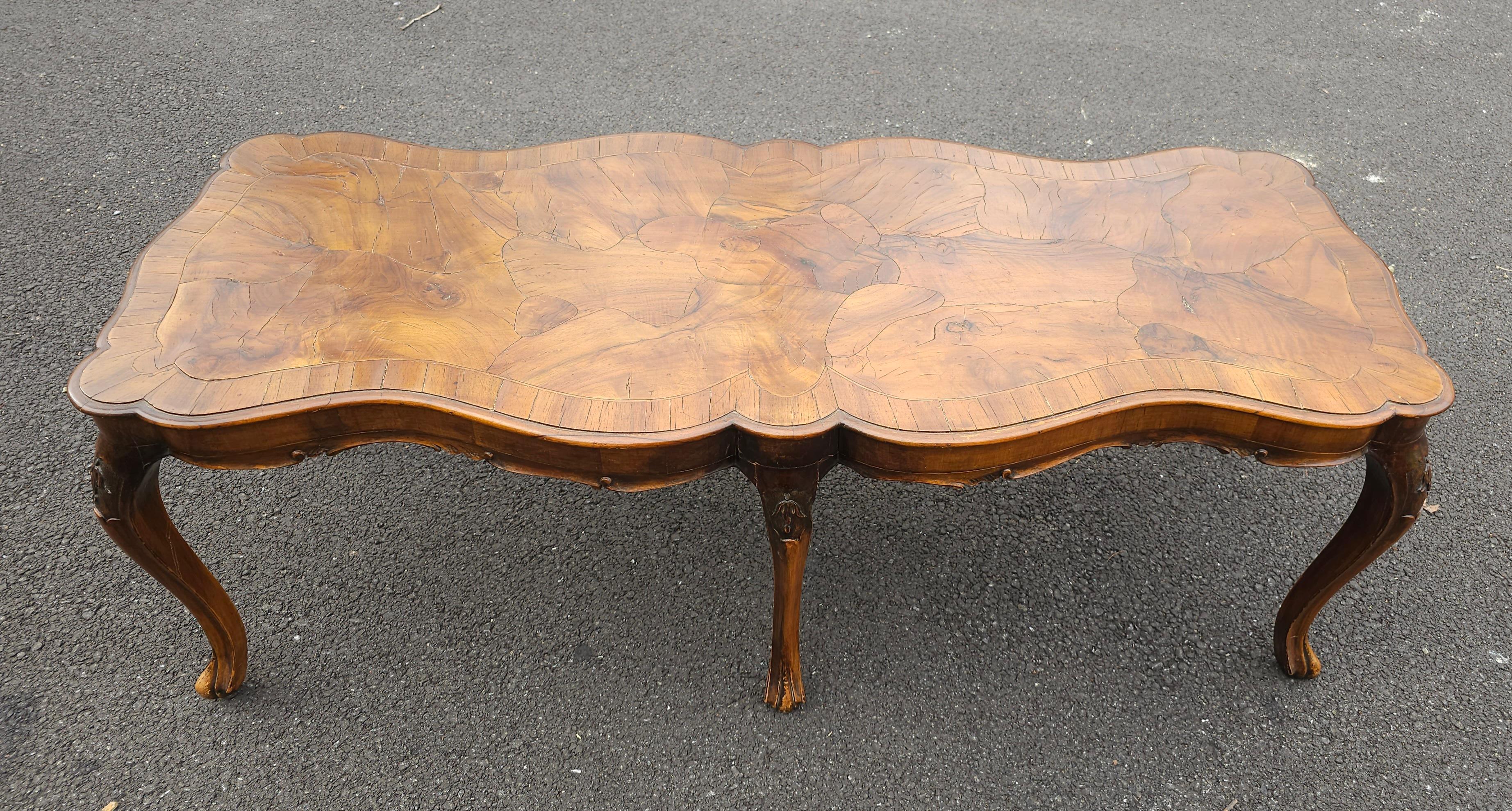 Carved Renaissance Revival Walnut Burl and Fruitwood Cocktail Table For Sale