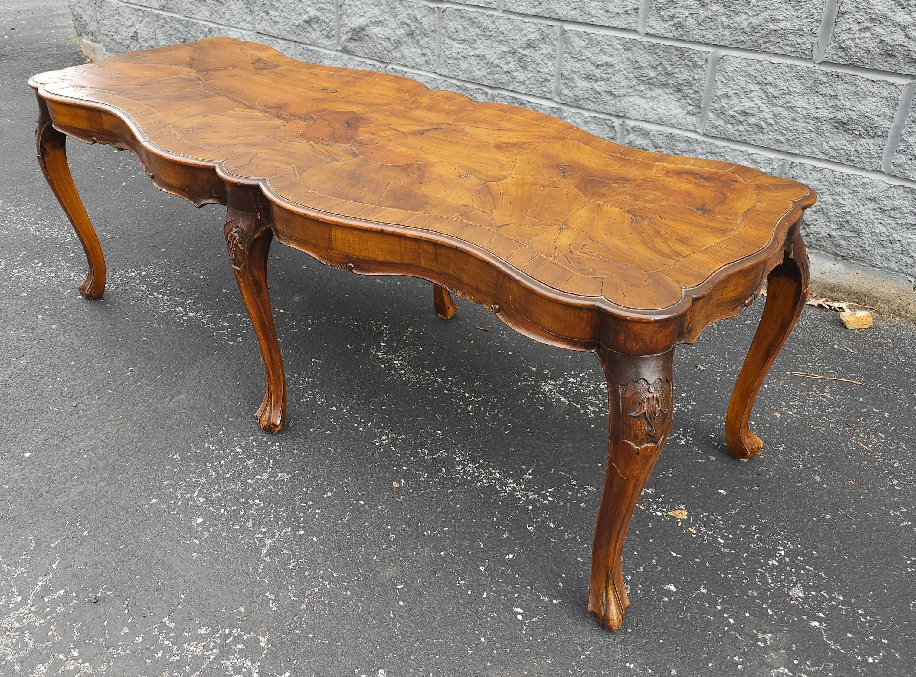 20th Century Renaissance Revival Walnut Burl and Fruitwood Cocktail Table For Sale