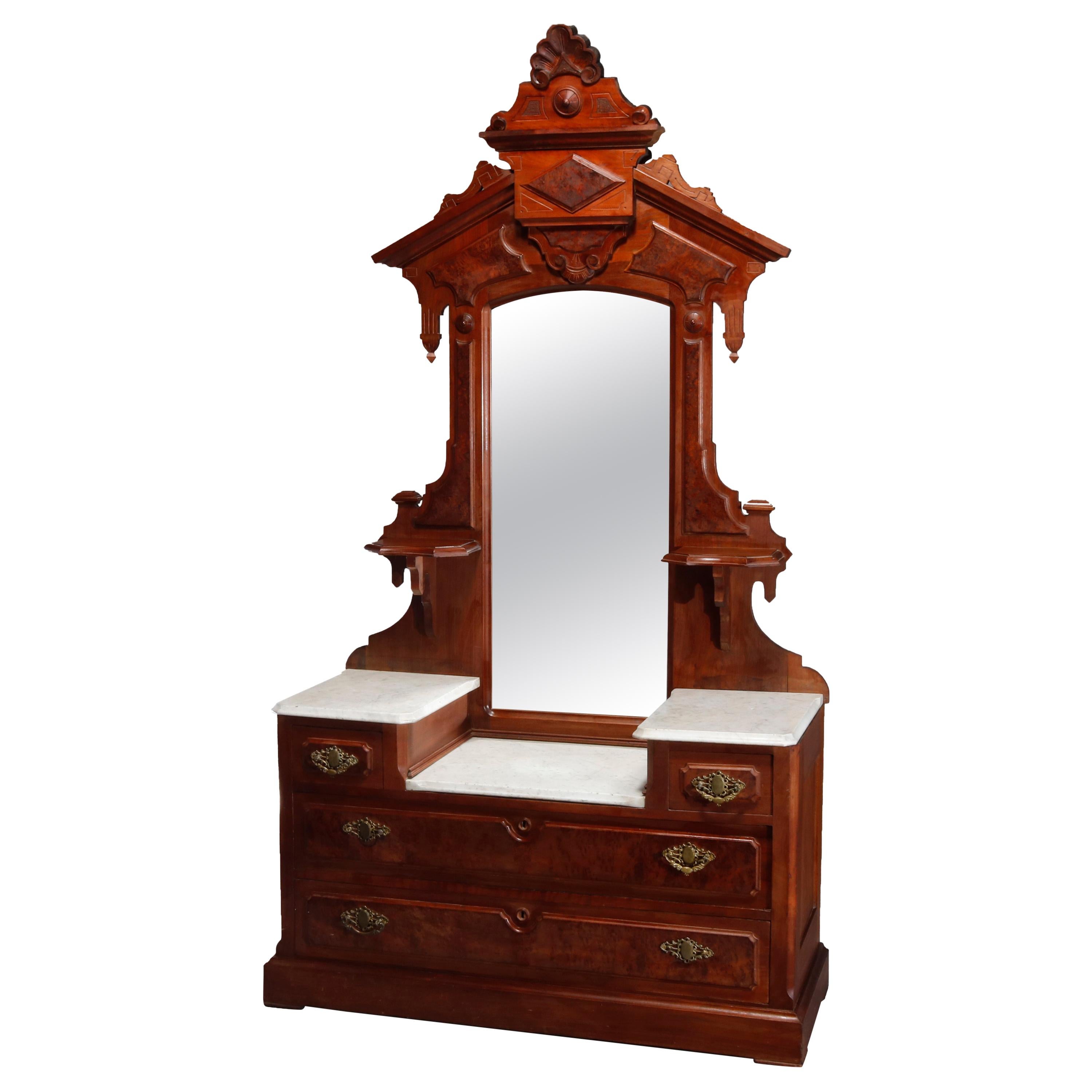 Renaissance Revival Walnut Burl & Ma Drop Center Mirrored Dresser, circa 1880